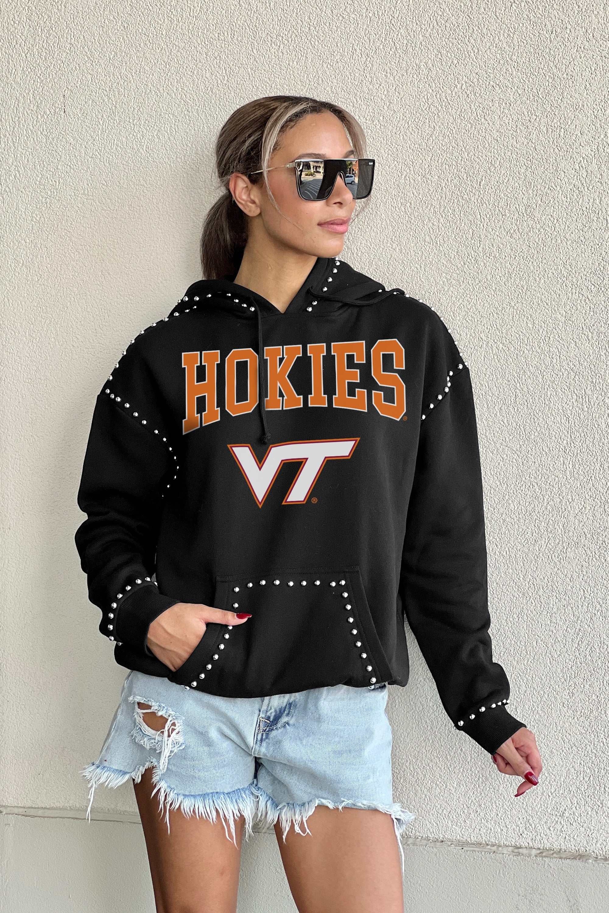 VIRGINIA TECH HOKIES BELLE OF THE BALL STUDDED DETAIL FLEECE FRONT POCKET HOODIE