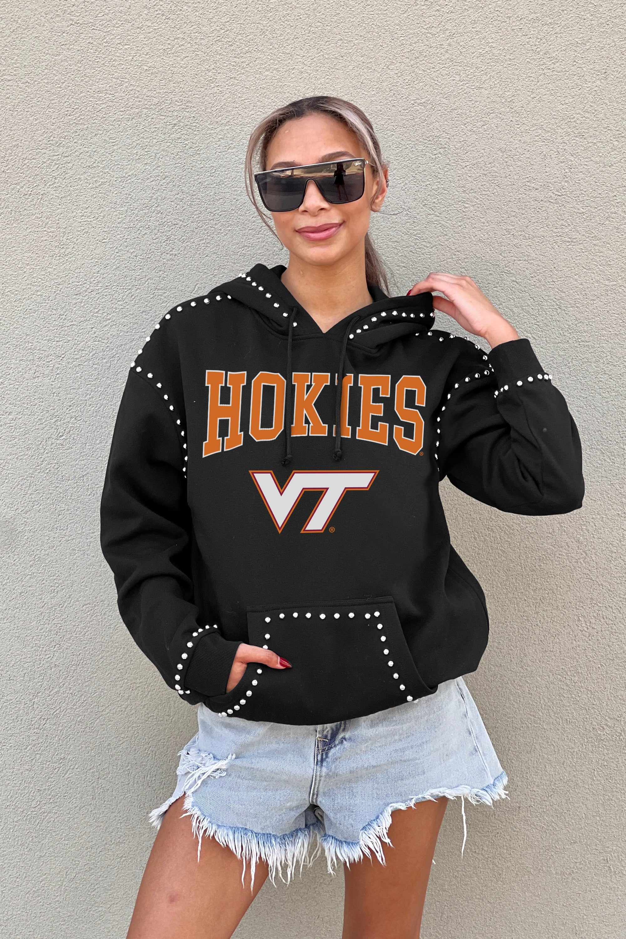 VIRGINIA TECH HOKIES BELLE OF THE BALL STUDDED DETAIL FLEECE FRONT POCKET HOODIE