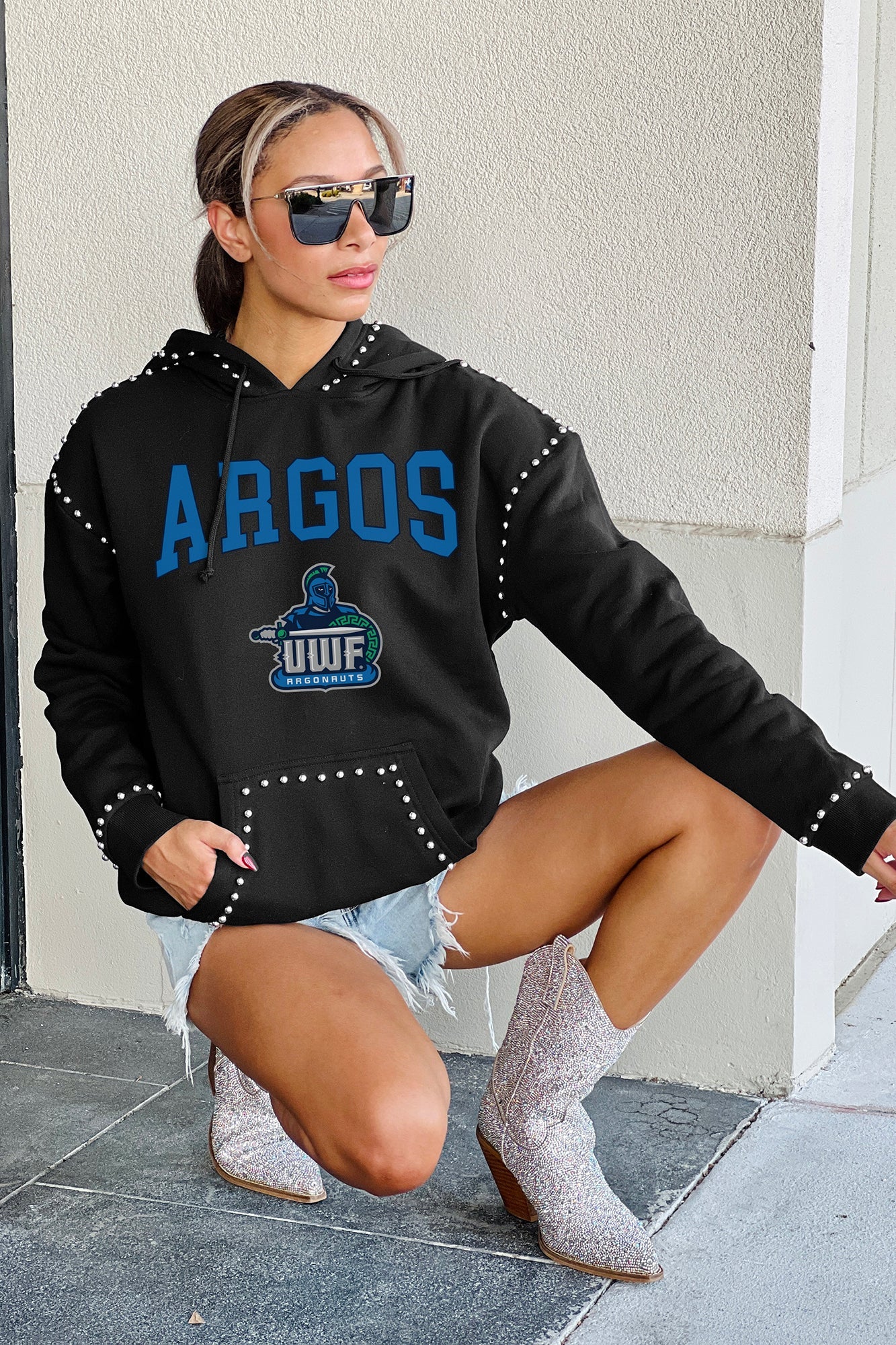 WEST FLORIDA ARGONAUTS BELLE OF THE BALL STUDDED DETAIL FLEECE FRONT POCKET HOODIE