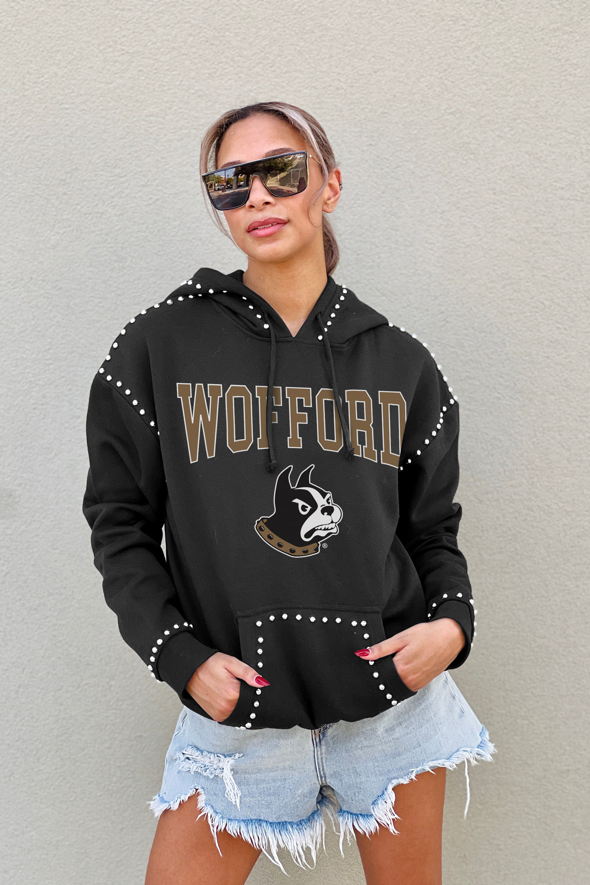 WOFFORD COLLEGE TERRIERS BELLE OF THE BALL STUDDED DETAIL FLEECE FRONT POCKET HOODIE