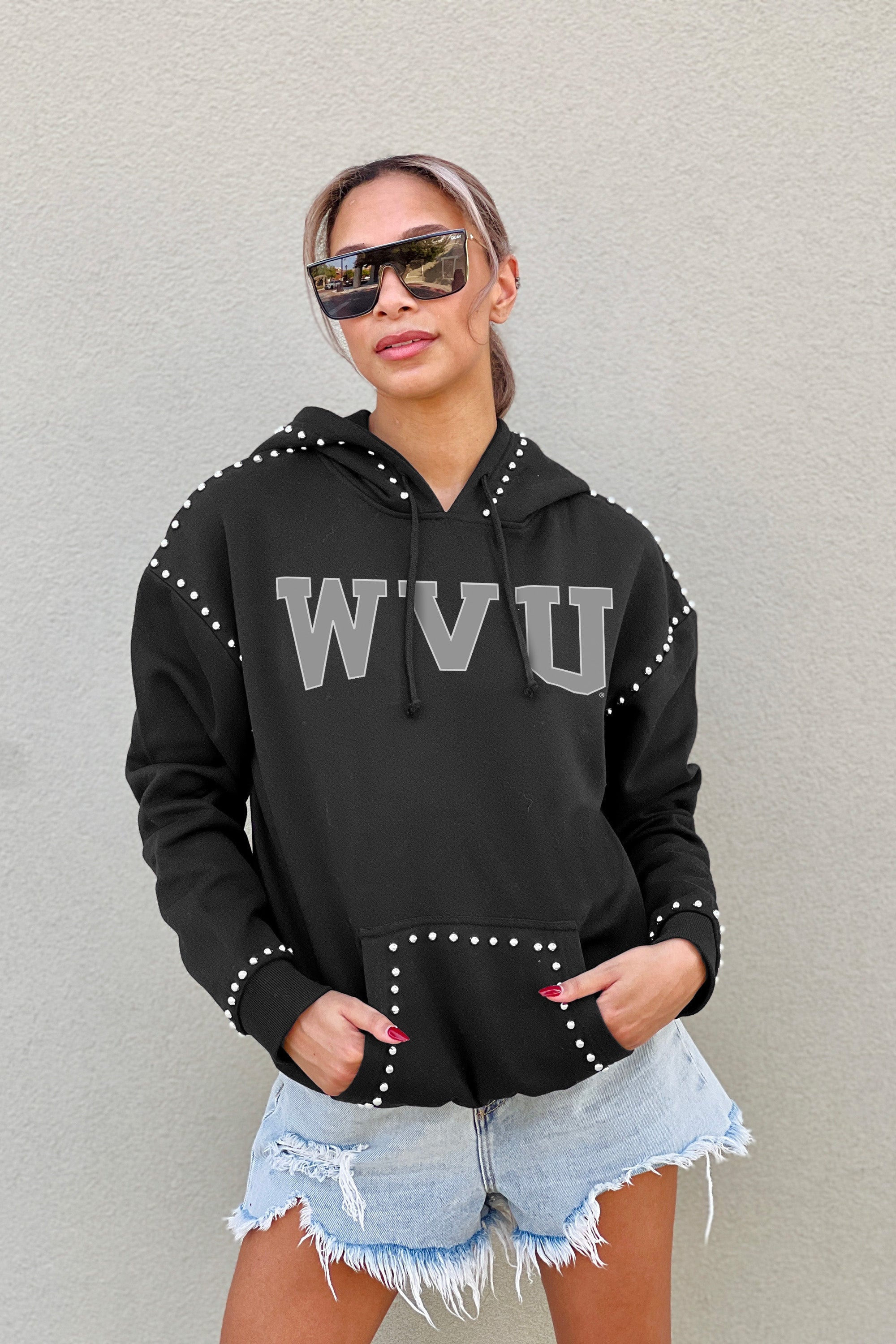 WEST VIRGINIA MOUNTAINEERS BELLE OF THE BALL STUDDED DETAIL FLEECE FRONT POCKET HOODIE