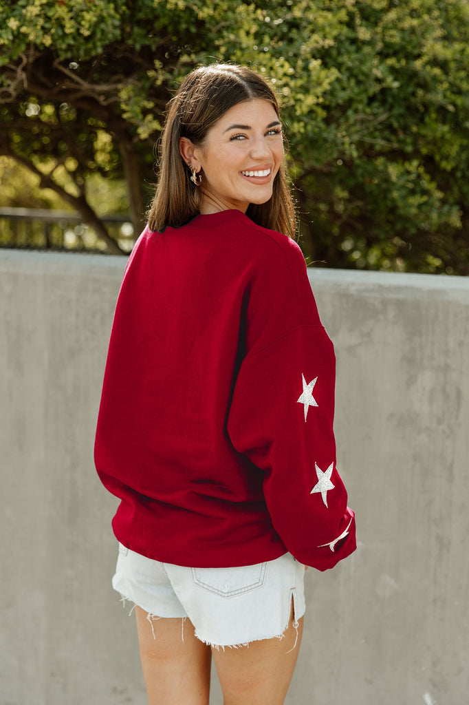 ARKANSAS RAZORBACKS SIX STARS EMBELLISHED SLEEVE CREWNECK PULLOVER BY MADI  PREWETT TROUTT