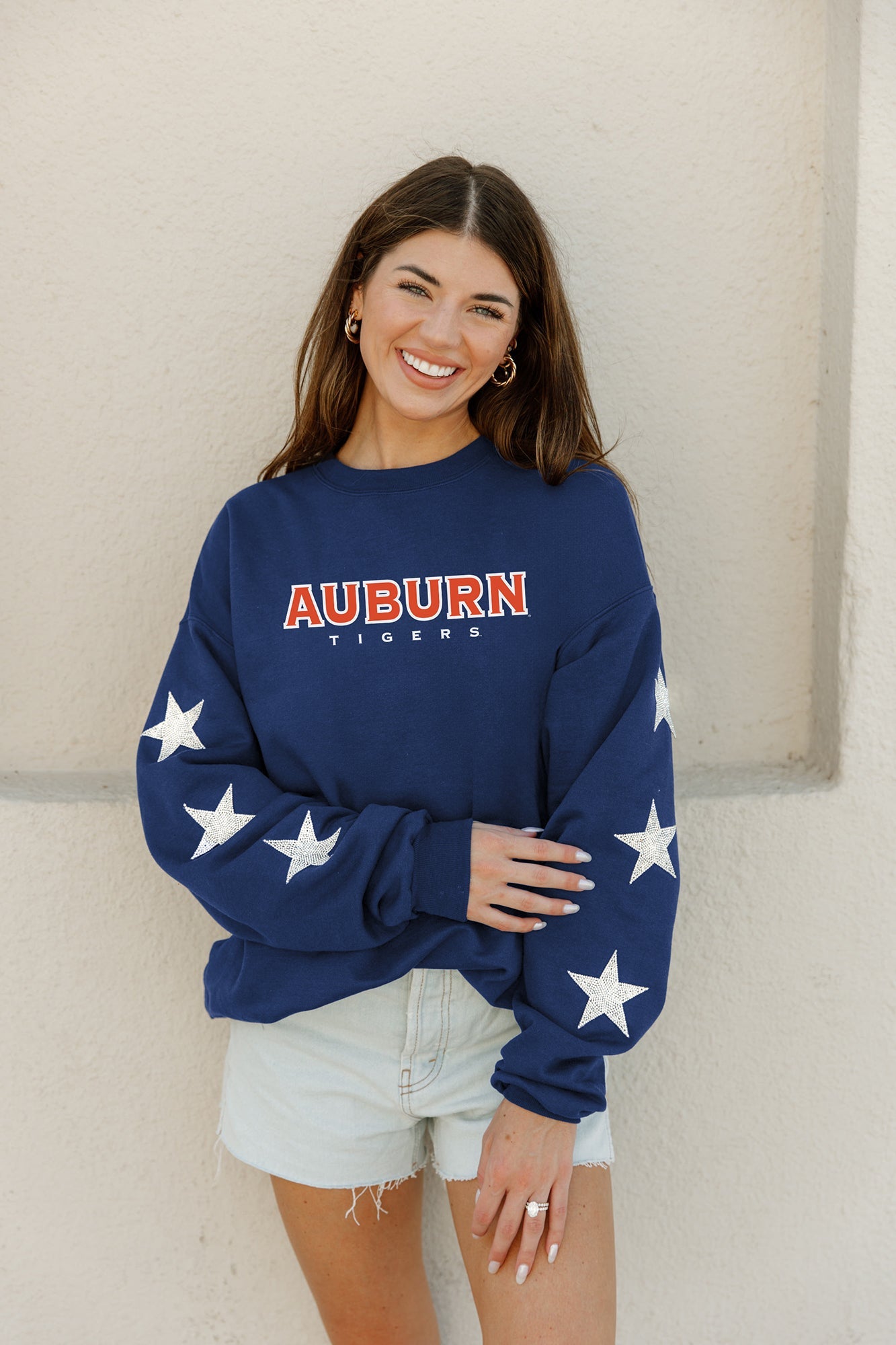 AUBURN TIGERS SIX STARS EMBELLISHED SLEEVE CREWNECK PULLOVER BY MADI PREWETT TROUTT