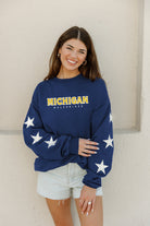 MICHIGAN WOLVERINES SIX STARS EMBELLISHED SLEEVE CREWNECK PULLOVER BY MADI PREWETT TROUTT