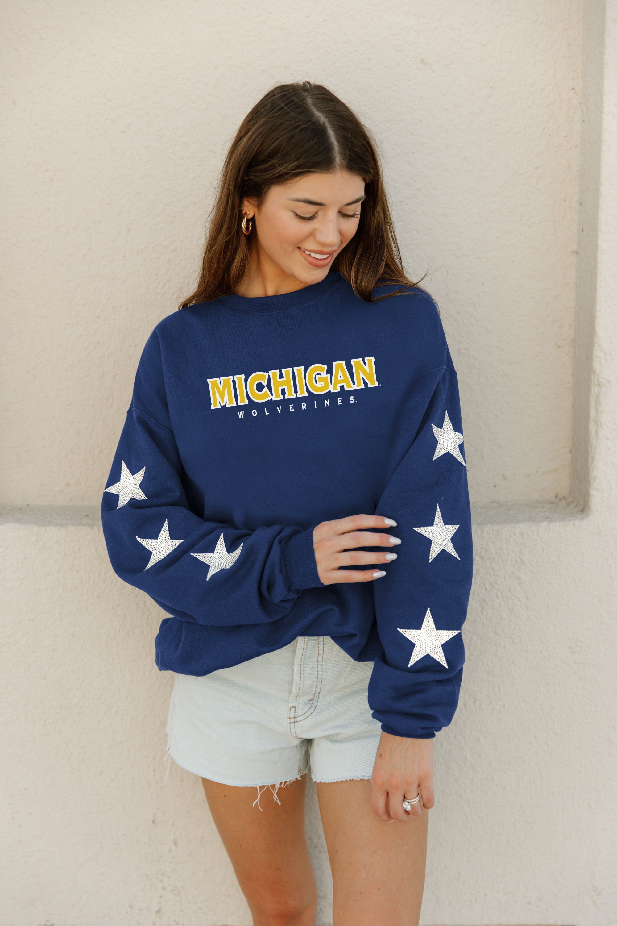 MICHIGAN WOLVERINES SIX STARS EMBELLISHED SLEEVE CREWNECK PULLOVER BY MADI PREWETT TROUTT