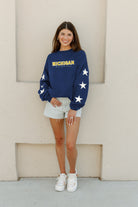 MICHIGAN WOLVERINES SIX STARS EMBELLISHED SLEEVE CREWNECK PULLOVER BY MADI PREWETT TROUTT