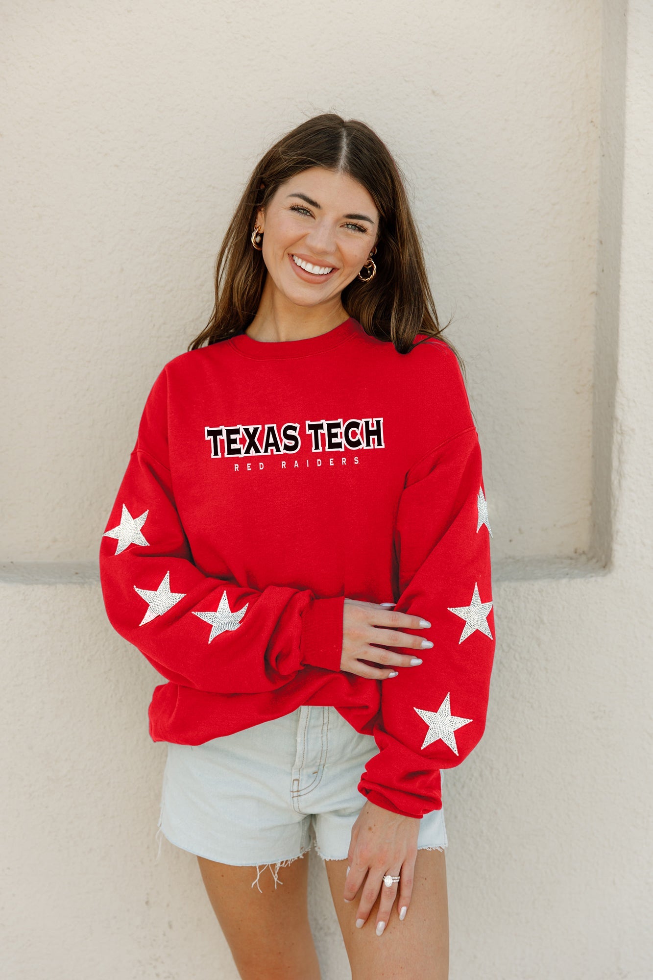 TEXAS TECH RED RAIDERS SIX STARS EMBELLISHED SLEEVE CREWNECK PULLOVER BY MADI PREWETT TROUTT