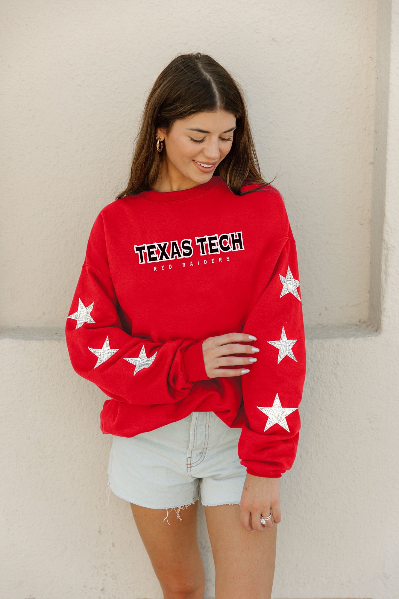 TEXAS TECH RED RAIDERS SIX STARS EMBELLISHED SLEEVE CREWNECK PULLOVER BY MADI PREWETT TROUTT