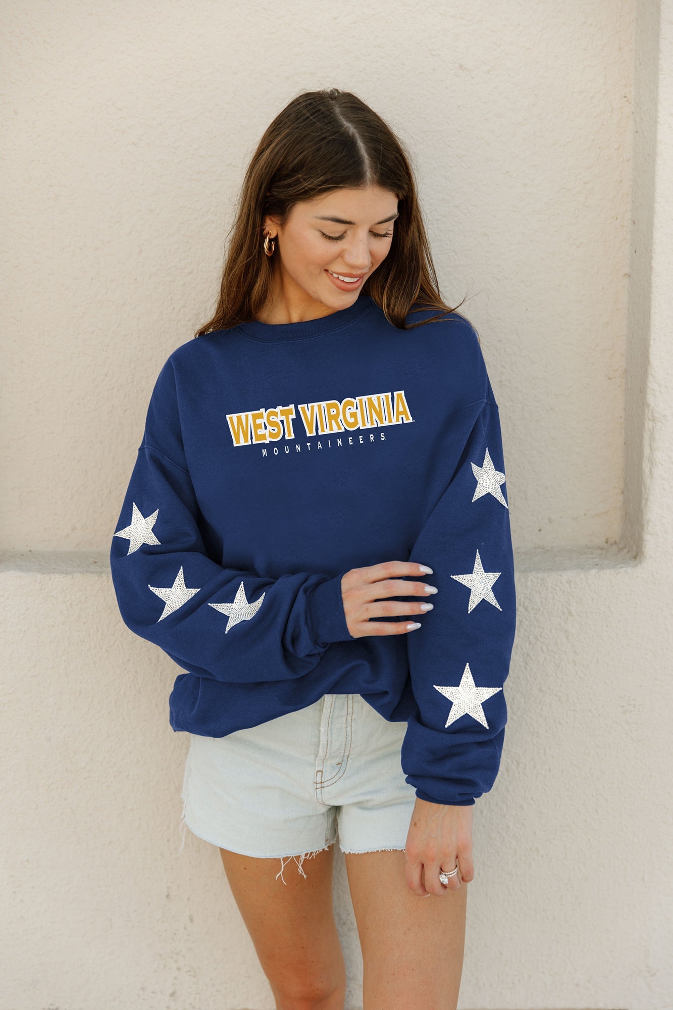 WEST VIRGINIA MOUNTAINEERS SIX STARS EMBELLISHED SLEEVE CREWNECK PULLOVER BY MADI PREWETT TROUTT