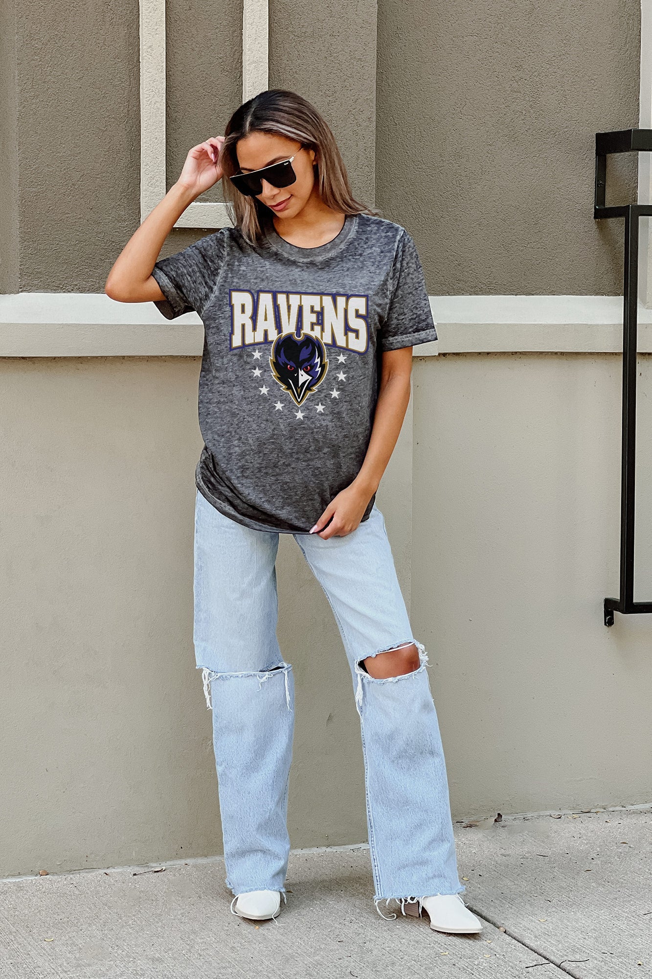 BALTIMORE RAVENS CAN'T CATCH ME ACID WASH BOYFRIEND TEE