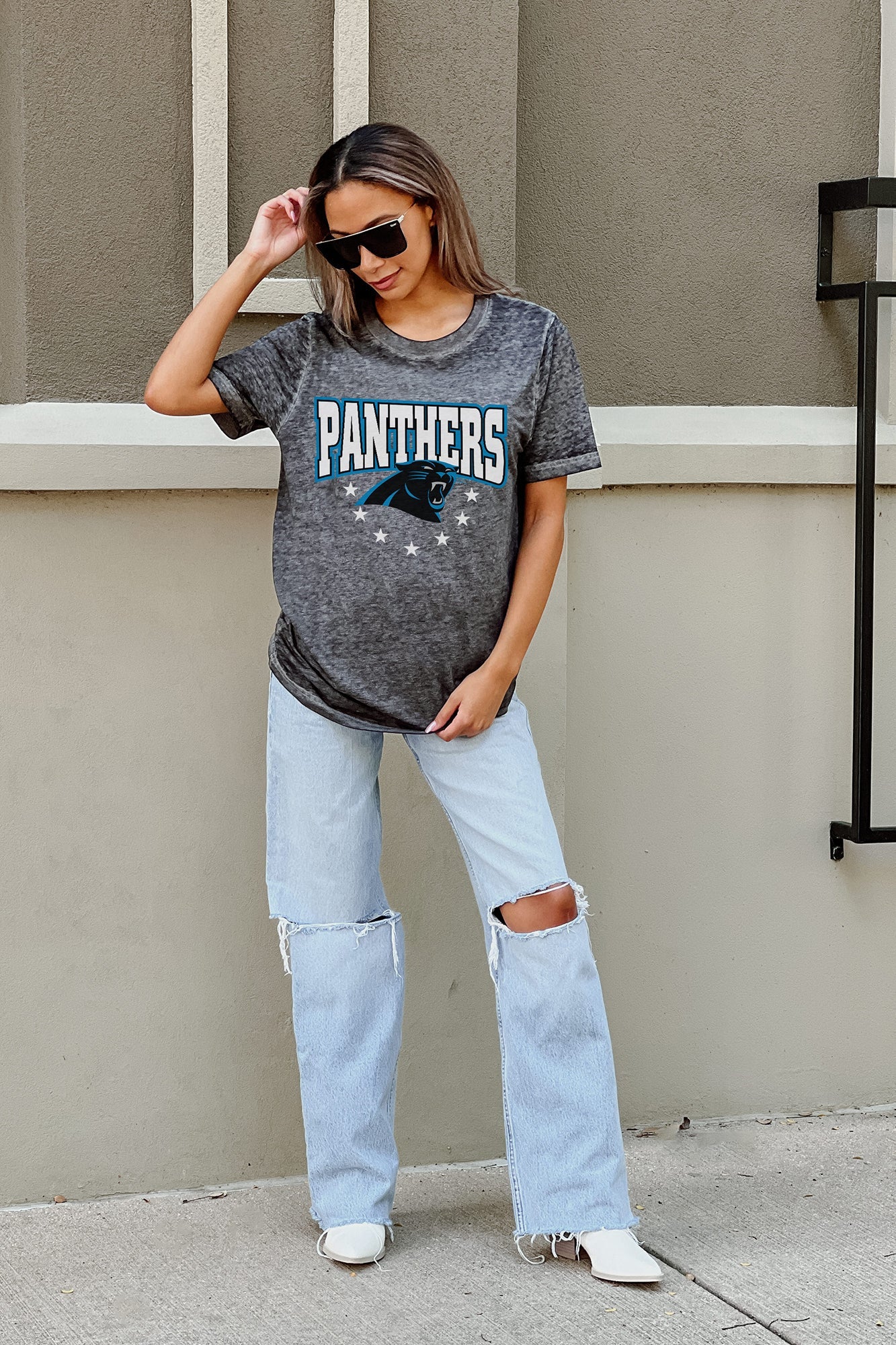 CAROLINA PANTHERS CAN'T CATCH ME ACID WASH BOYFRIEND TEE