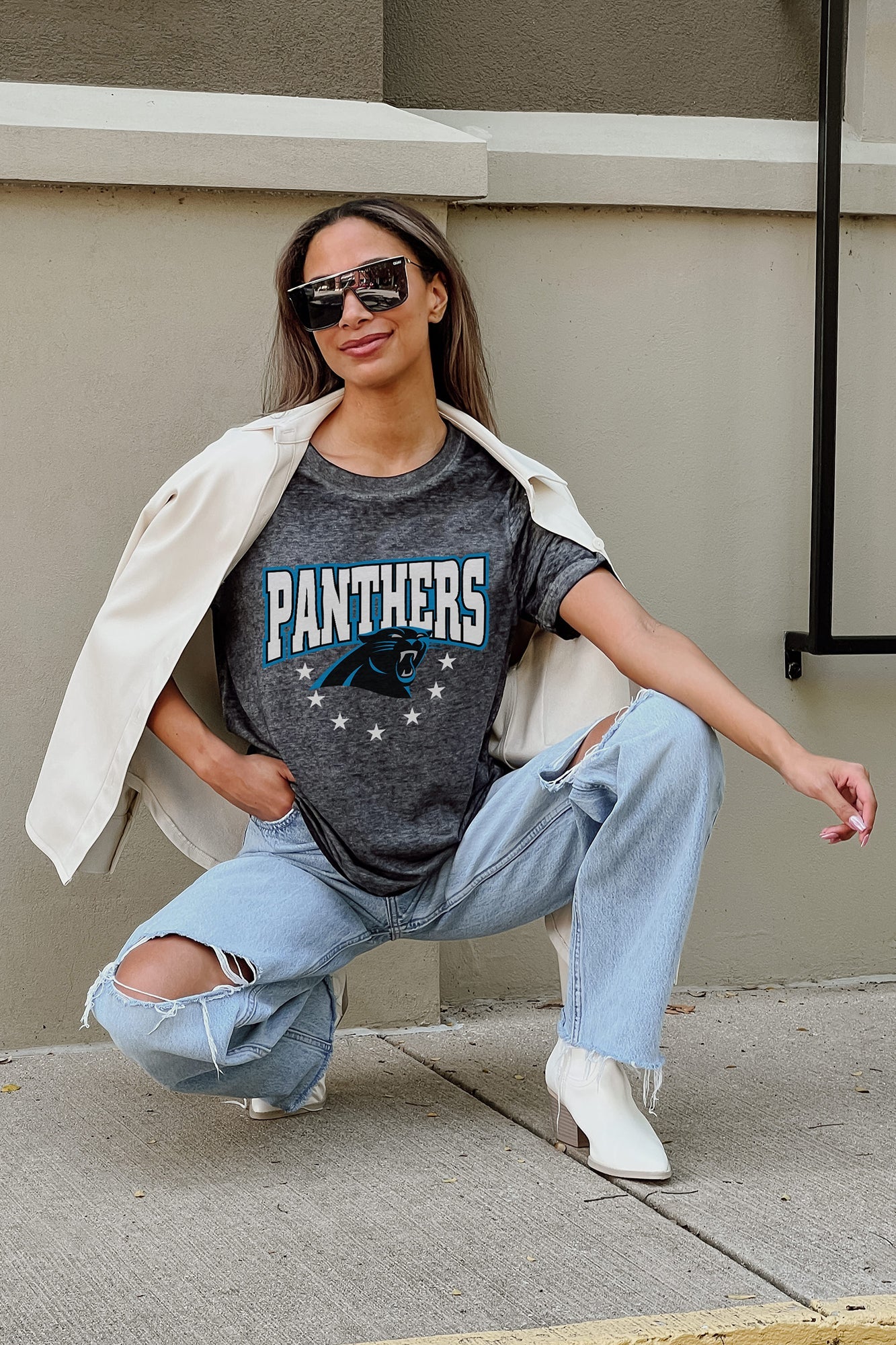 CAROLINA PANTHERS CAN'T CATCH ME ACID WASH BOYFRIEND TEE