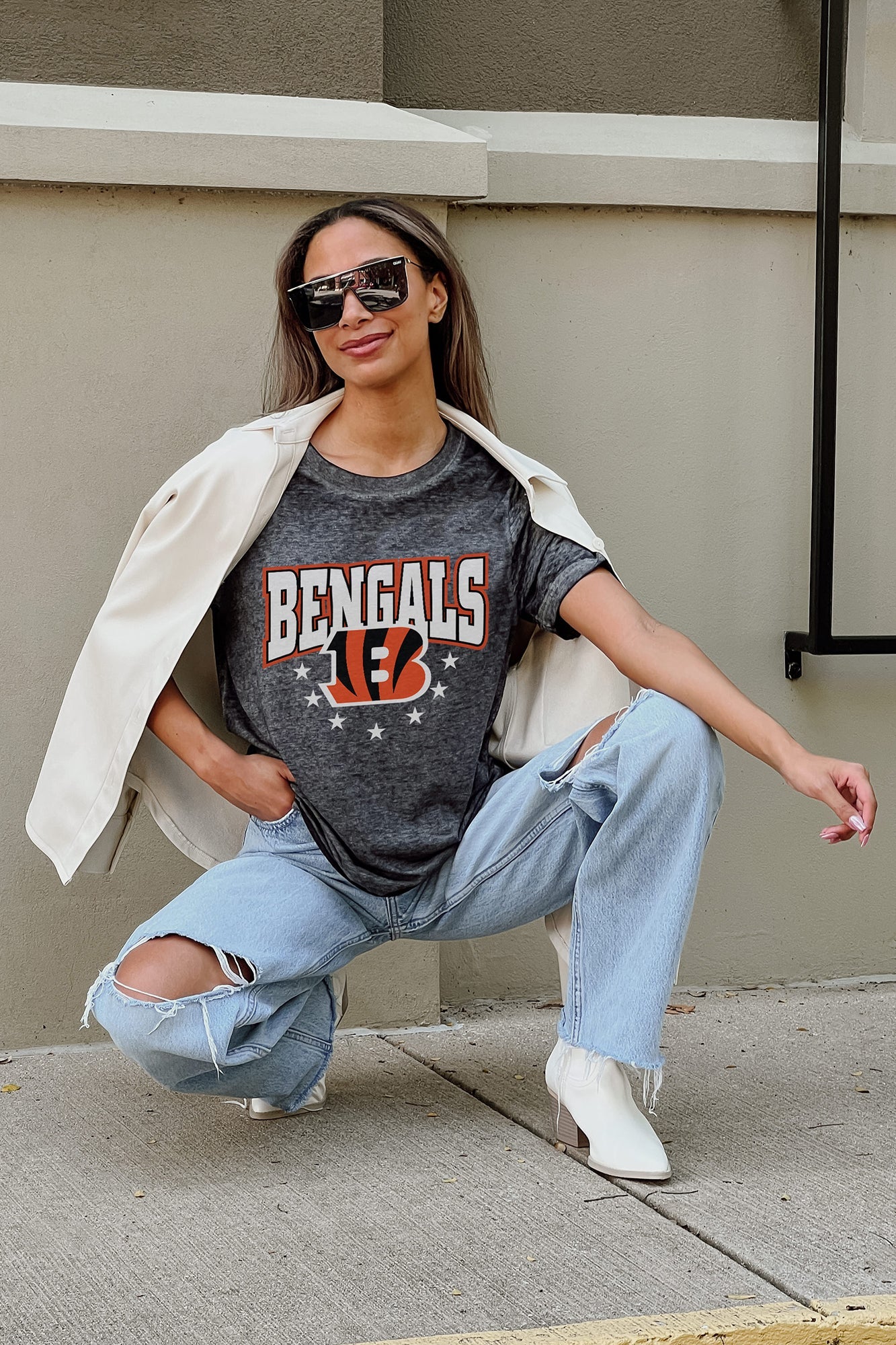 CINCINNATI BENGALS CAN'T CATCH ME ACID WASH BOYFRIEND TEE