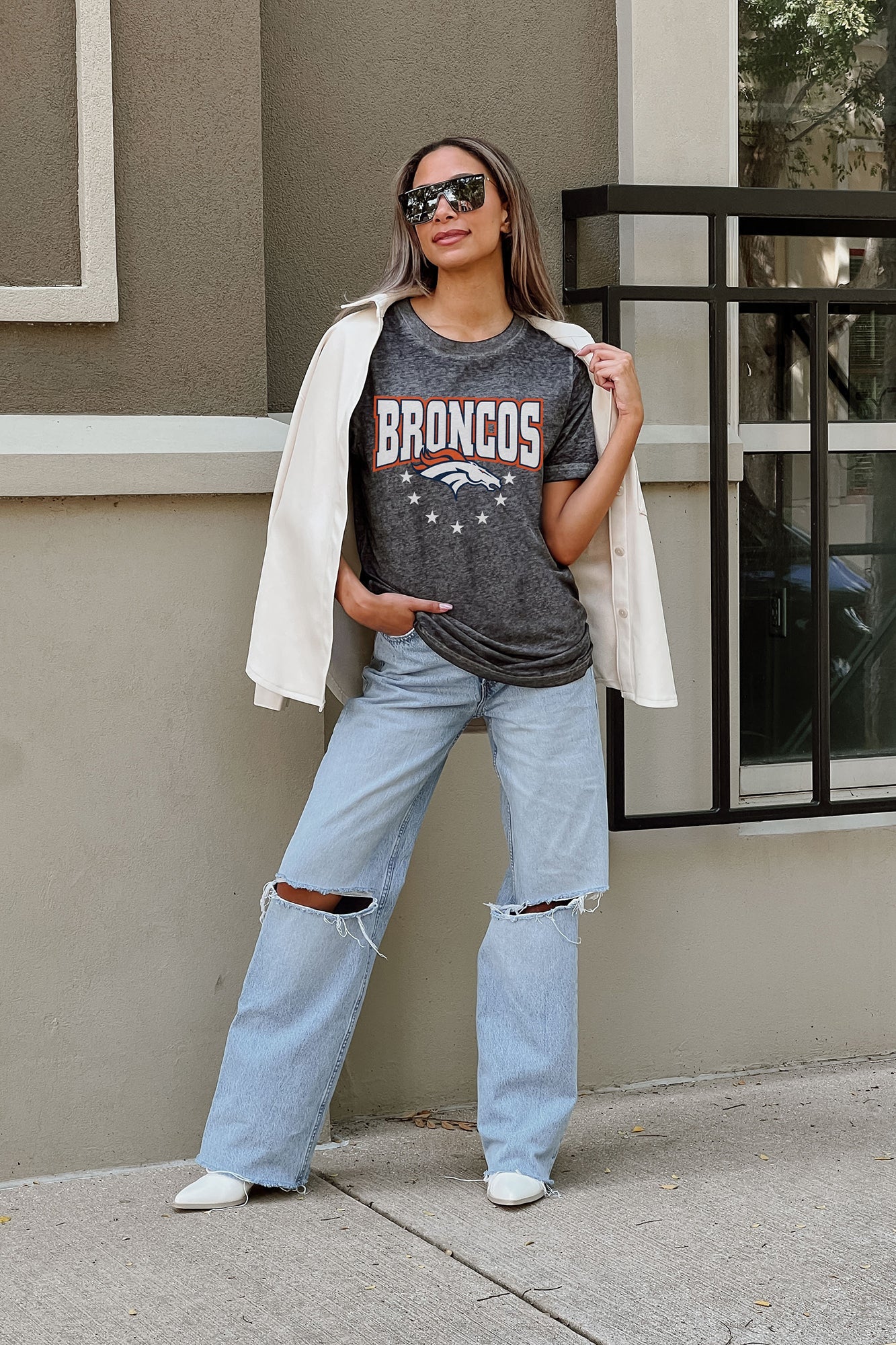 DENVER BRONCOS CAN'T CATCH ME ACID WASH BOYFRIEND TEE