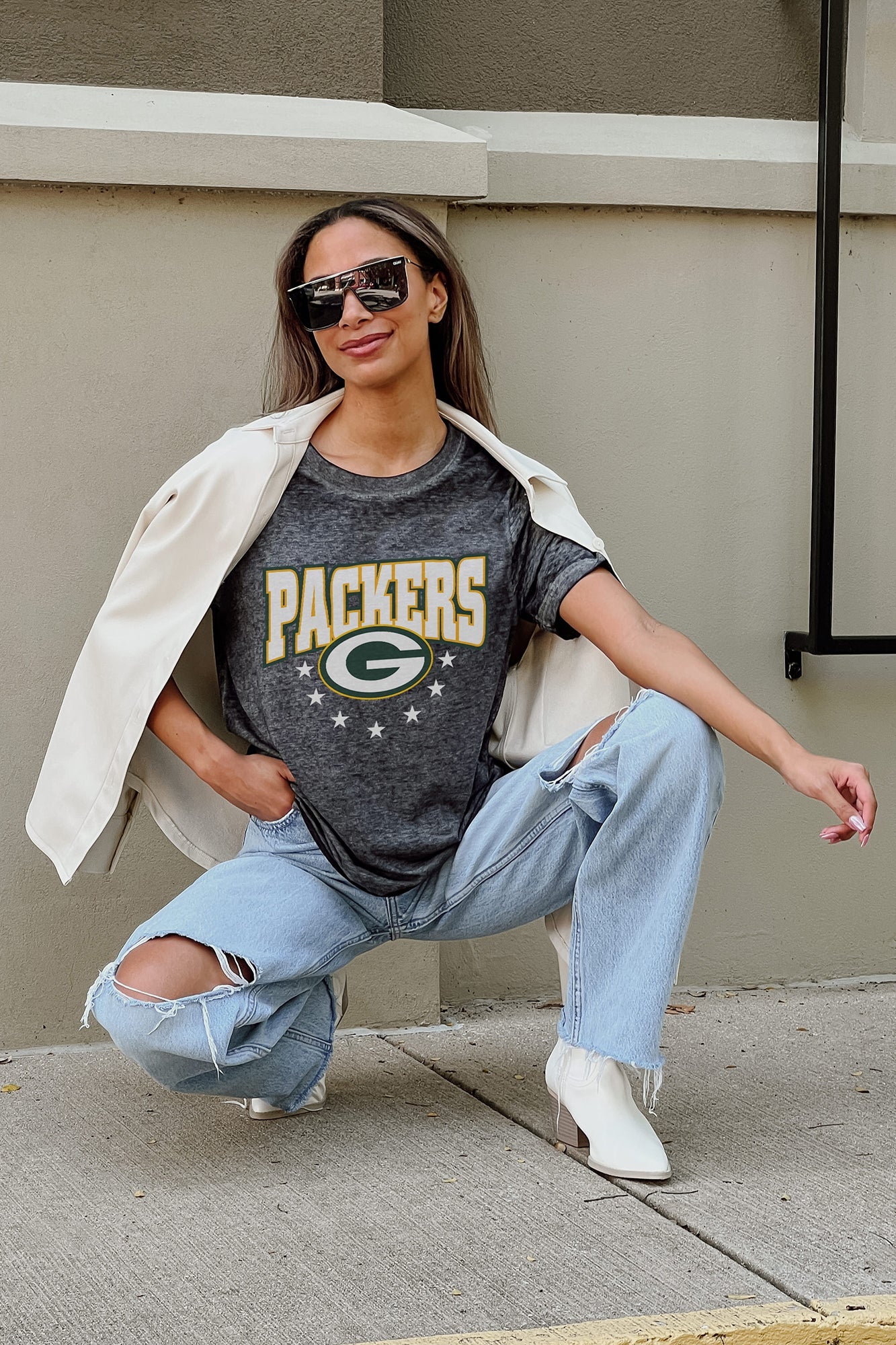 GREEN BAY PACKERS CAN'T CATCH ME ACID WASH BOYFRIEND TEE