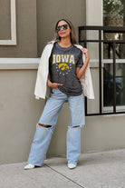 IOWA HAWKEYES SPRINT TO THE FINISH ACID WASH BOYFRIEND TEE