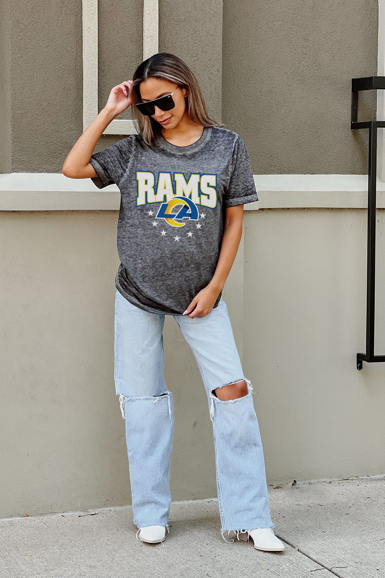 LOS ANGELES RAMS CAN'T CATCH ME ACID WASH BOYFRIEND TEE