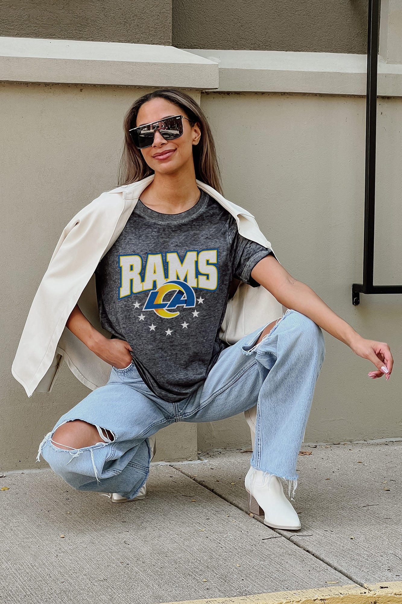 LOS ANGELES RAMS CAN'T CATCH ME ACID WASH BOYFRIEND TEE