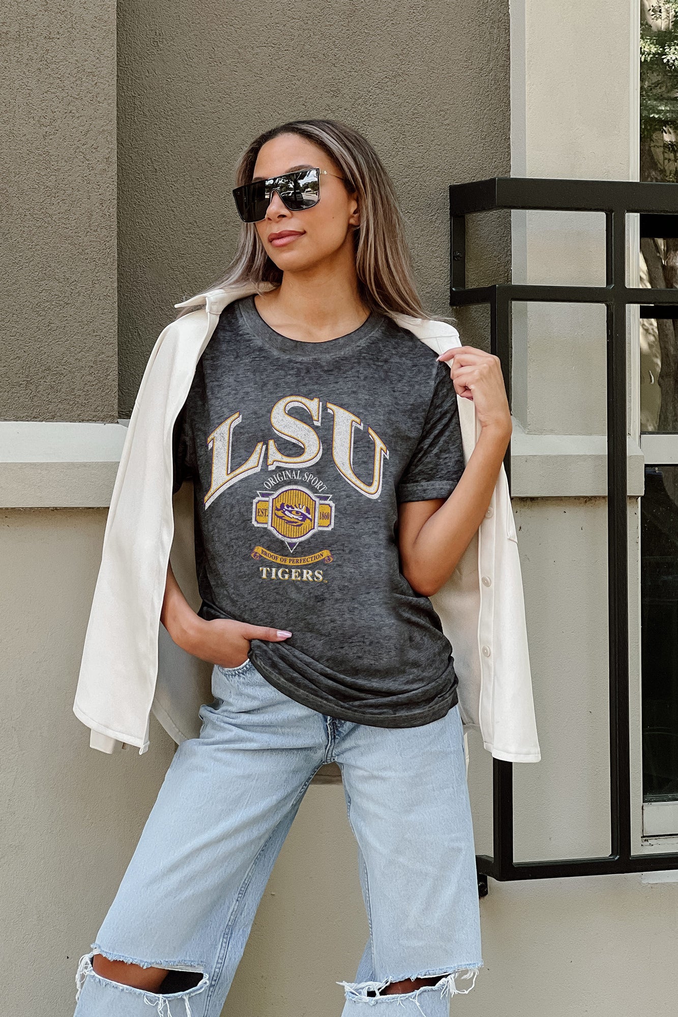 LSU TIGERS SWITCH IT UP ACID WASH BOYFRIEND TEE