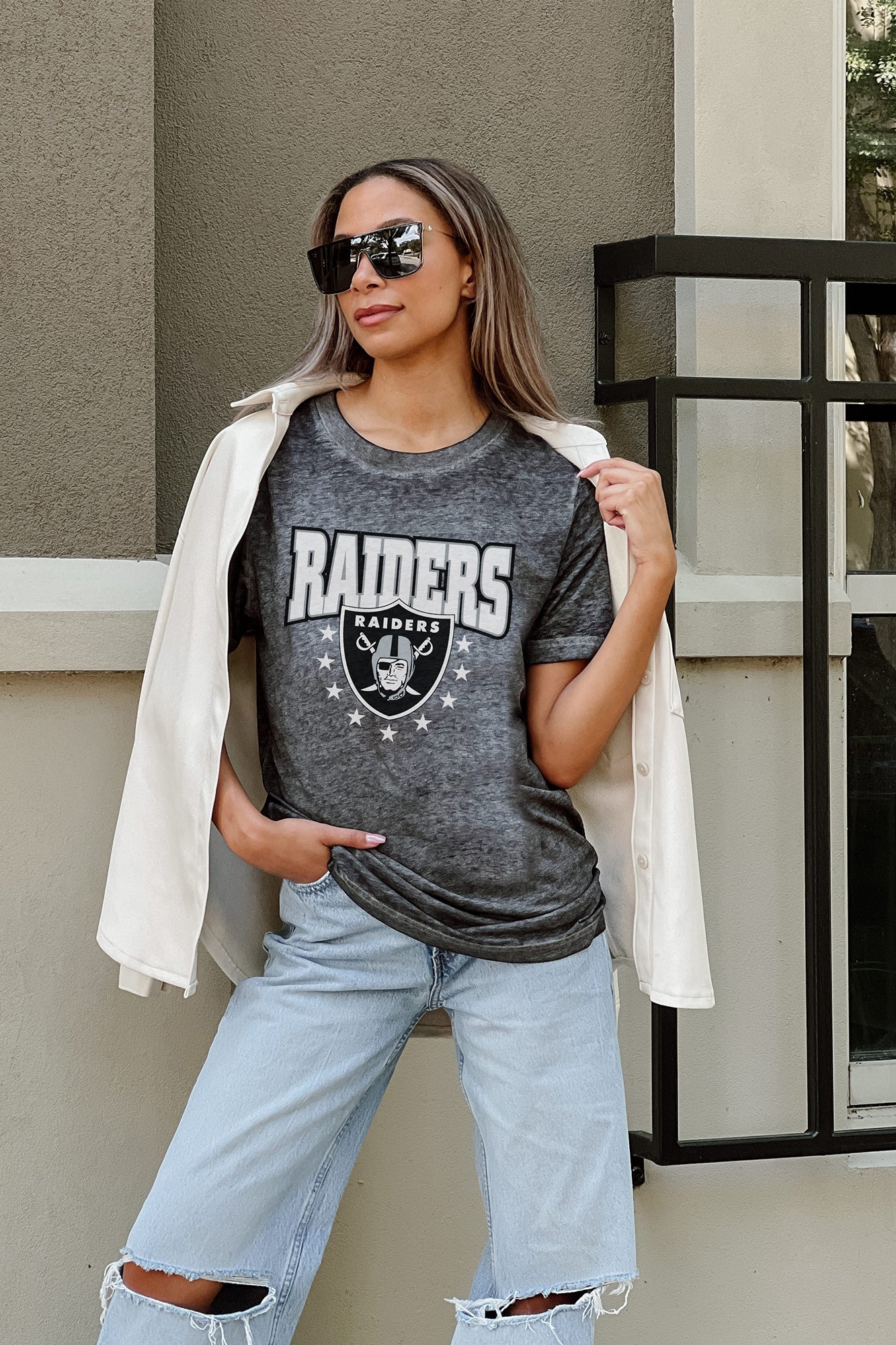 LAS VEGAS RAIDERS CAN'T CATCH ME ACID WASH BOYFRIEND TEE