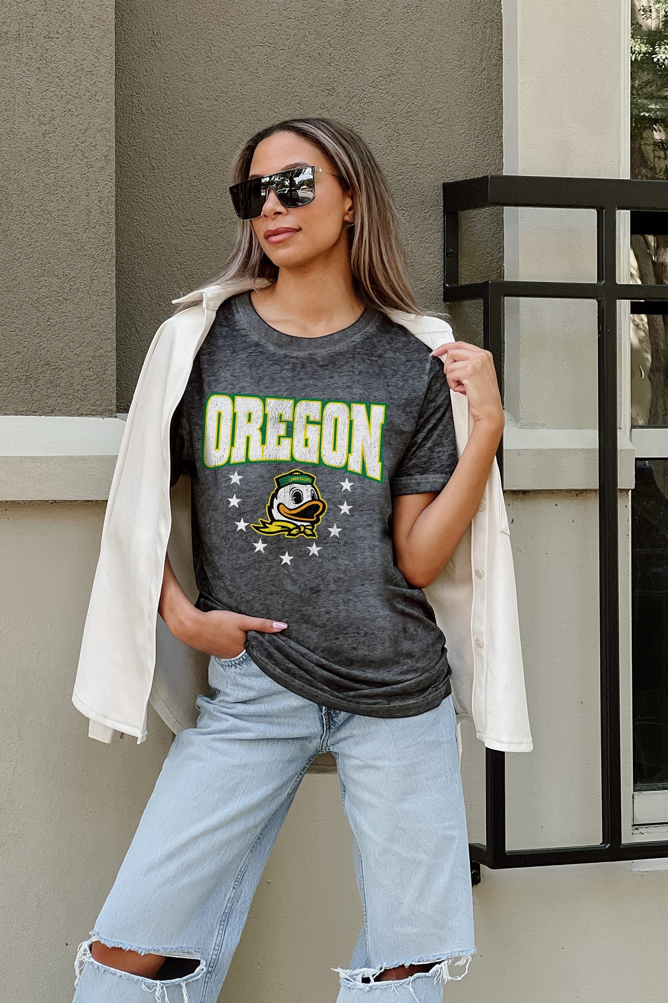 OREGON DUCKS SPRINT TO THE FINISH ACID WASH BOYFRIEND TEE