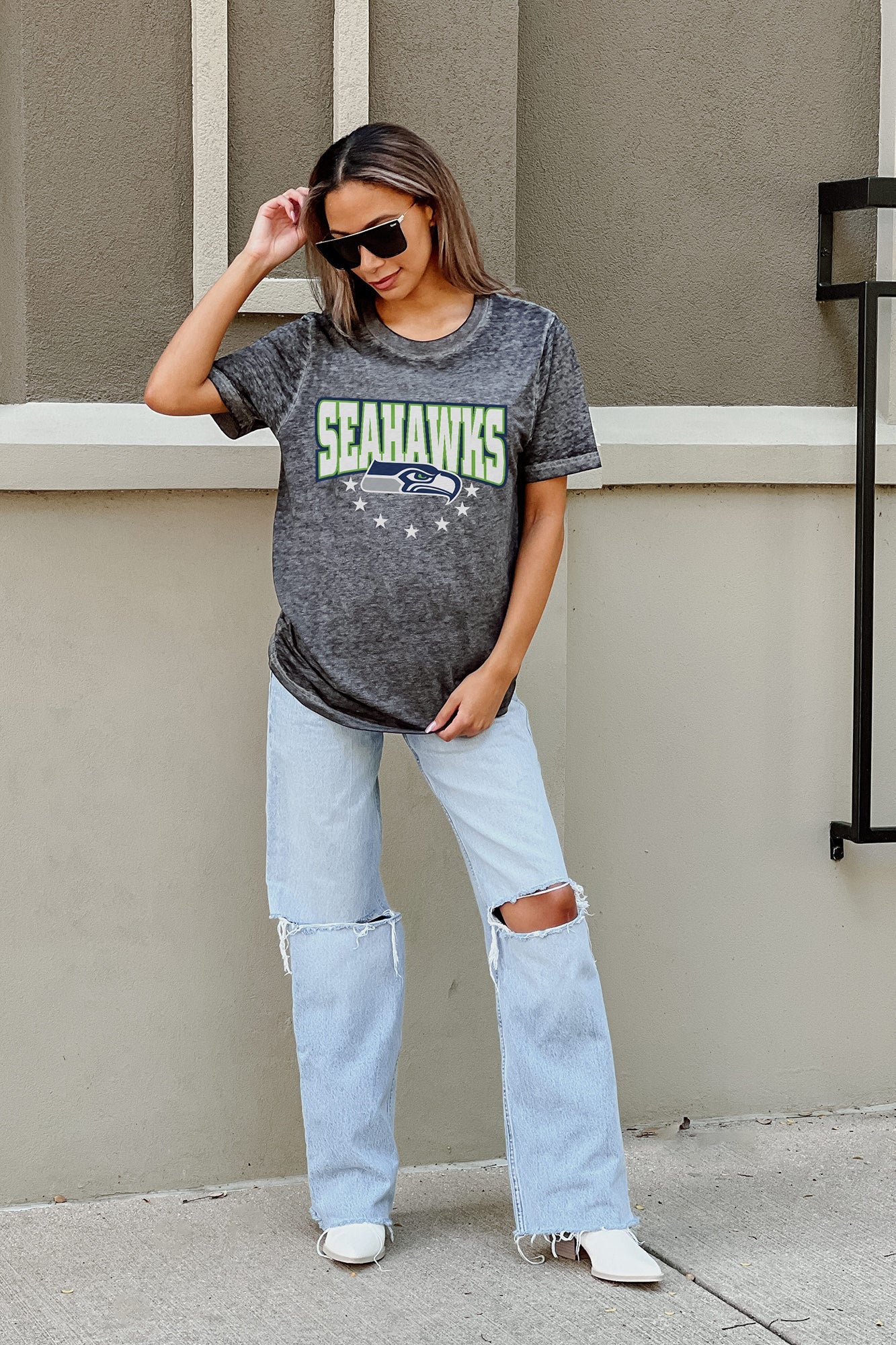 SEATTLE SEAHAWKS CAN'T CATCH ME ACID WASH BOYFRIEND TEE