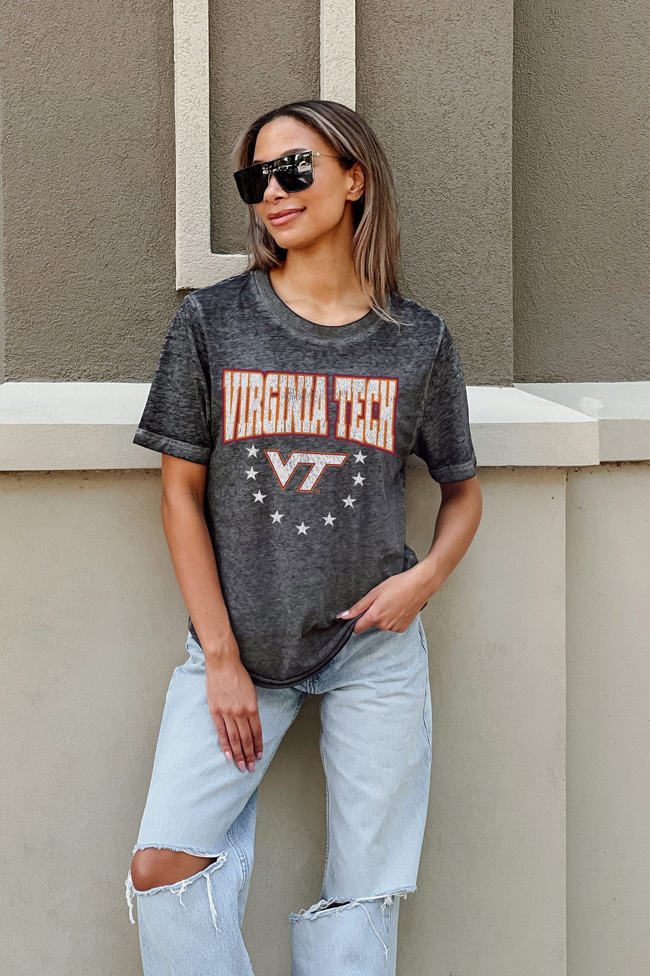 VIRGINIA TECH HOKIES SPRINT TO THE FINISH ACID WASH BOYFRIEND TEE