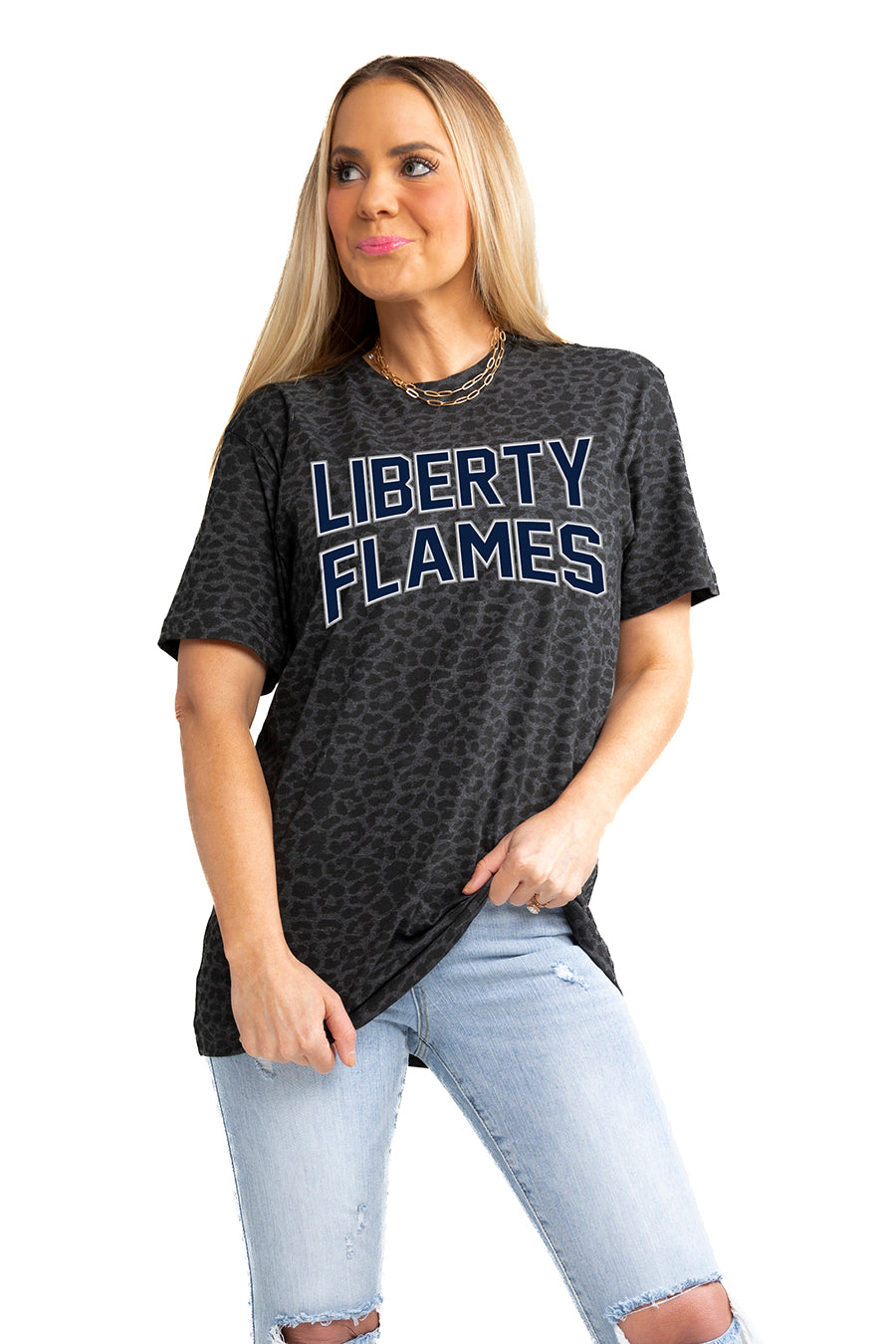 LIBERTY UNIVERSITY "FAN FAVORITE" LEOPARD STANDARD FIT CREW NECK TEE (6602643472480)