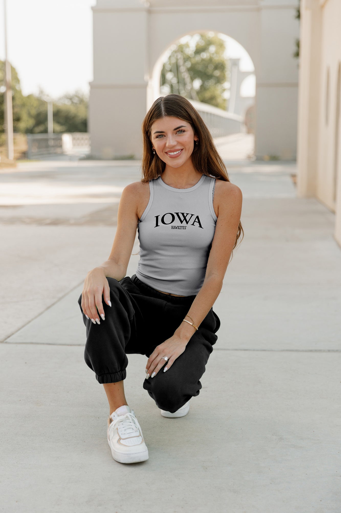 IOWA HAWKEYES PLAY THE FIELD ESSENTIAL RIBBED CROP TANK BY MADI PREWETT TROUTT