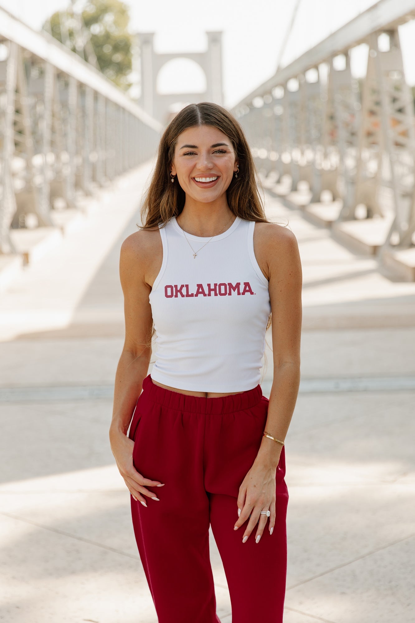 OKLAHOMA SOONERS WEEKEND GOALS ESSENTIAL RIBBED CROP TANK BY MADI PREWETT TROUTT