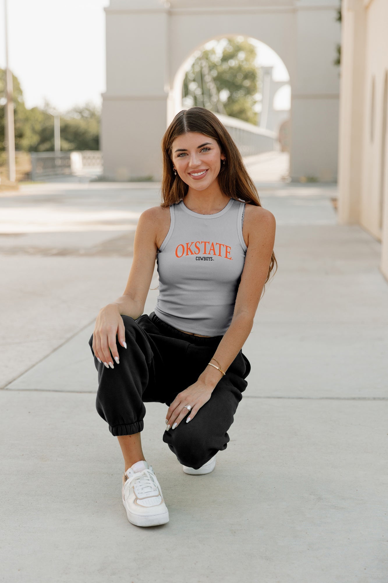 OKLAHOMA STATE COWBOYS PLAY THE FIELD ESSENTIAL RIBBED CROP TANK BY MADI PREWETT