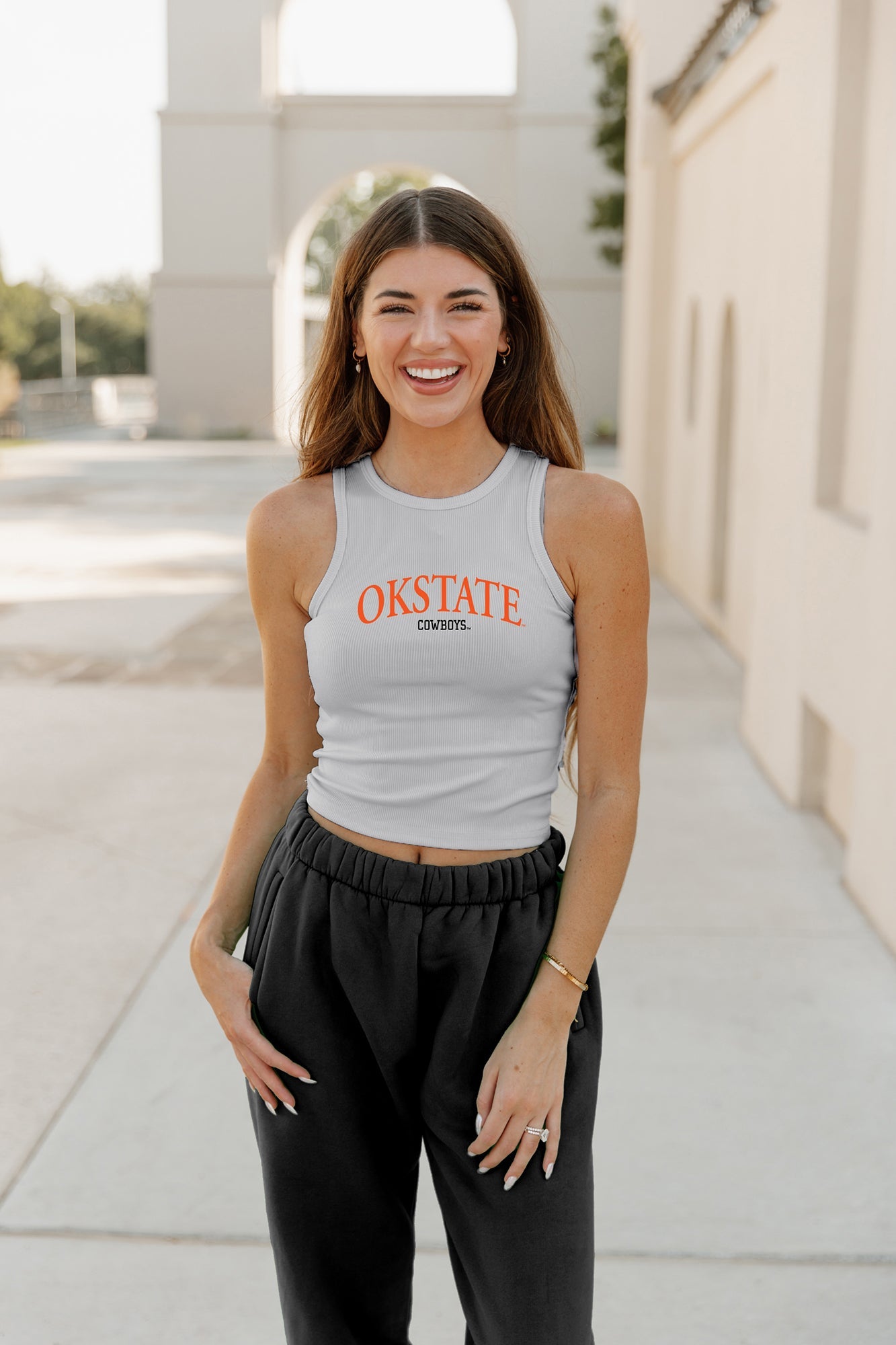 OKLAHOMA STATE COWBOYS PLAY THE FIELD ESSENTIAL RIBBED CROP TANK BY MADI PREWETT