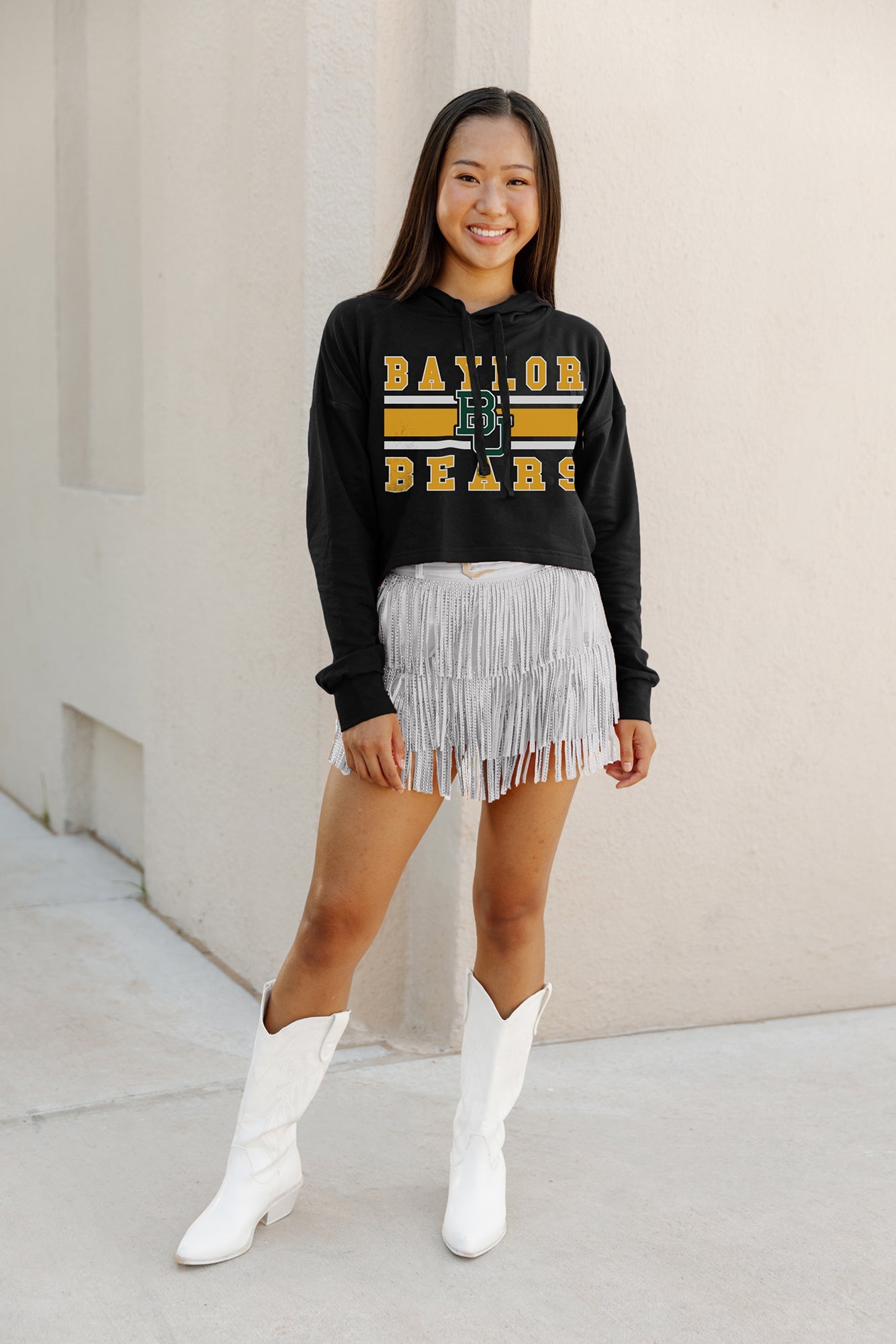 BAYLOR BEARS WAITING GAME RAW HEM CROPPED FLEECE HOODIE BY MADI PREWETT