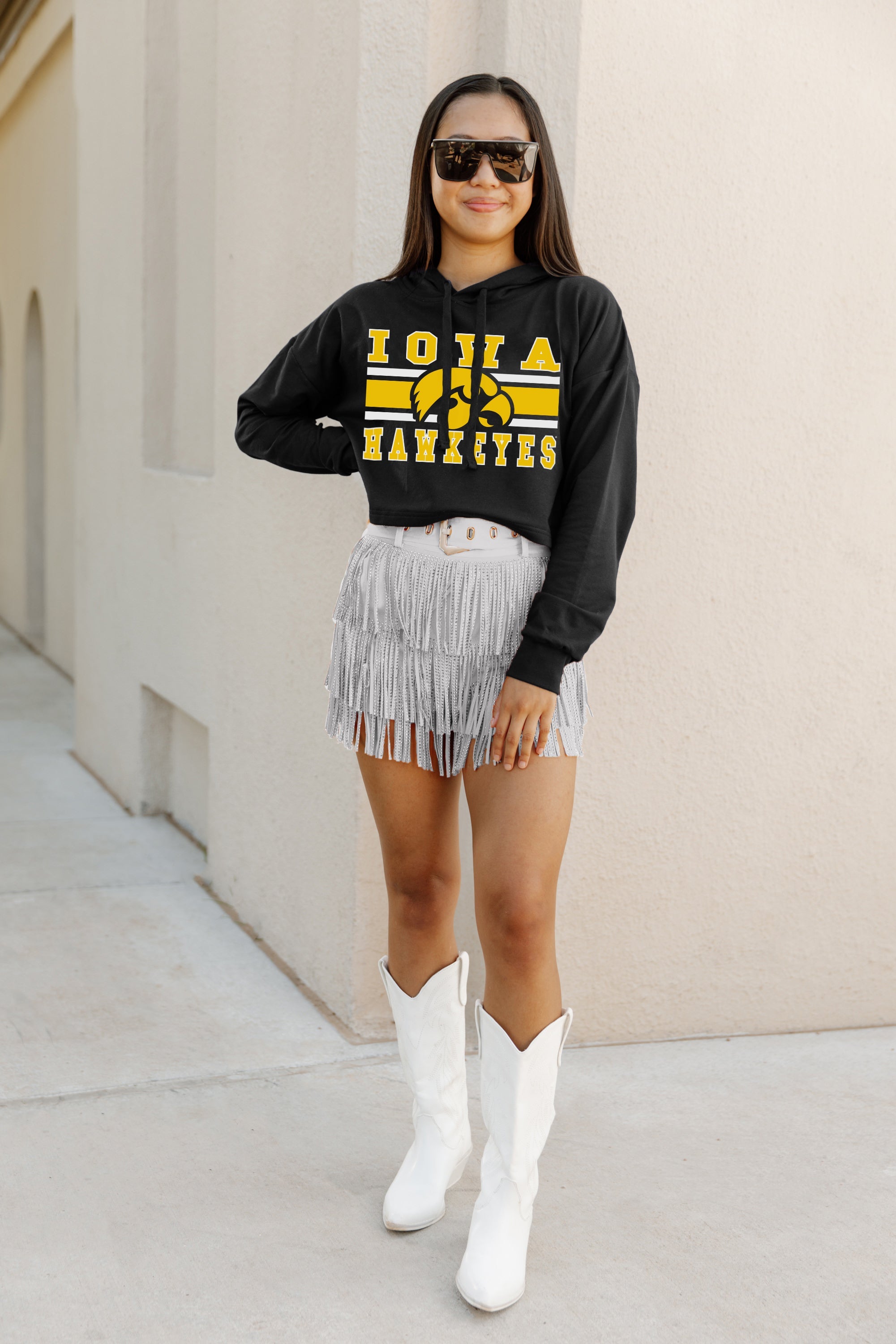 IOWA HAWKEYES WAITING GAME RAW HEM CROPPED FLEECE HOODIE BY MADI PREWETT