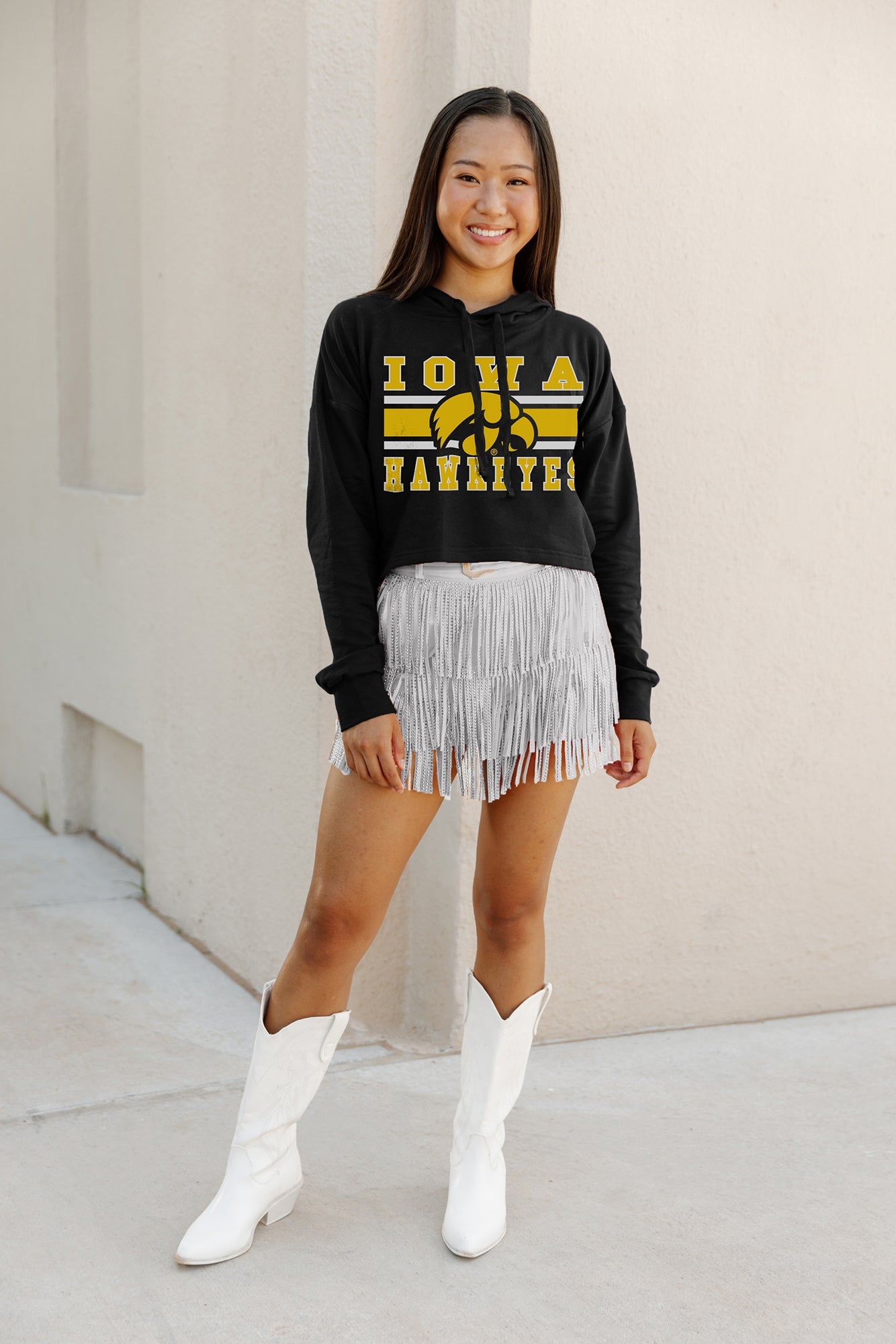 IOWA HAWKEYES WAITING GAME RAW HEM CROPPED FLEECE HOODIE BY MADI PREWETT