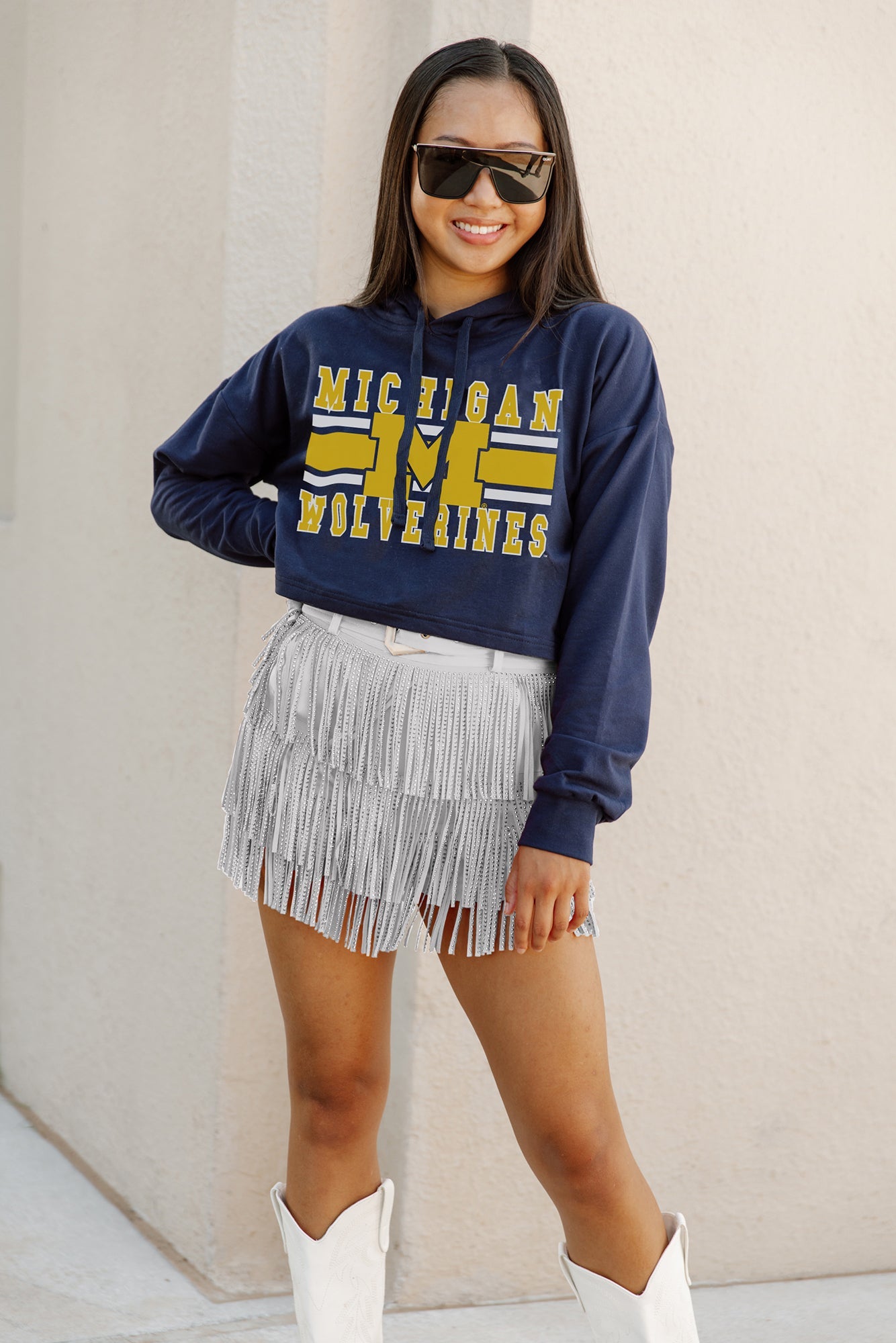 MICHIGAN WOLVERINES WAITING GAME RAW HEM CROPPED FLEECE HOODIE BY MADI PREWETT