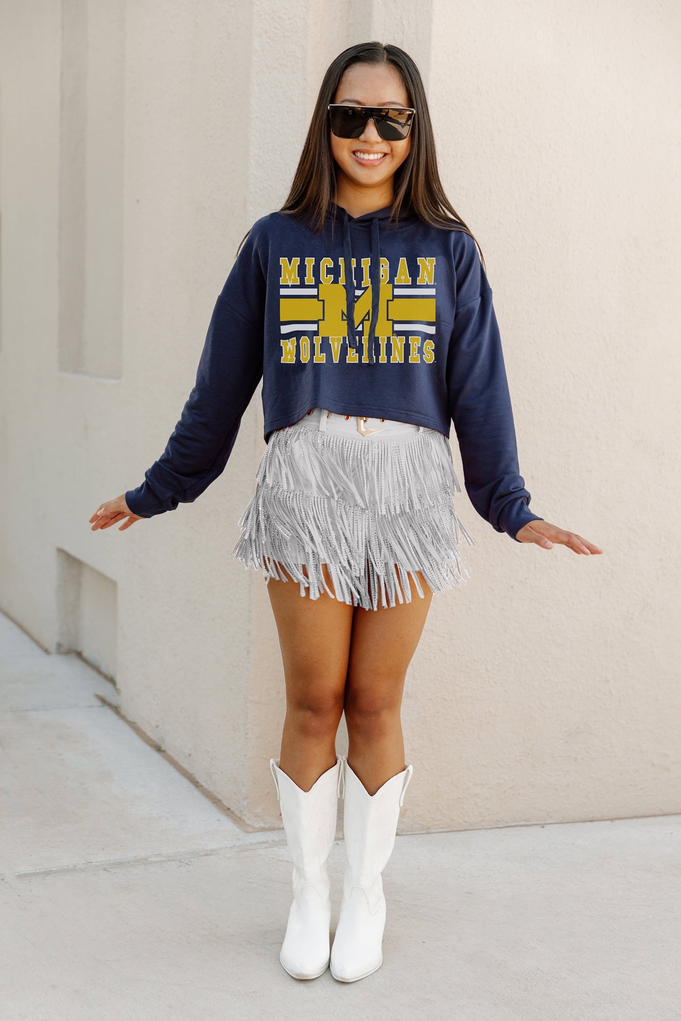 MICHIGAN WOLVERINES WAITING GAME RAW HEM CROPPED FLEECE HOODIE BY MADI PREWETT