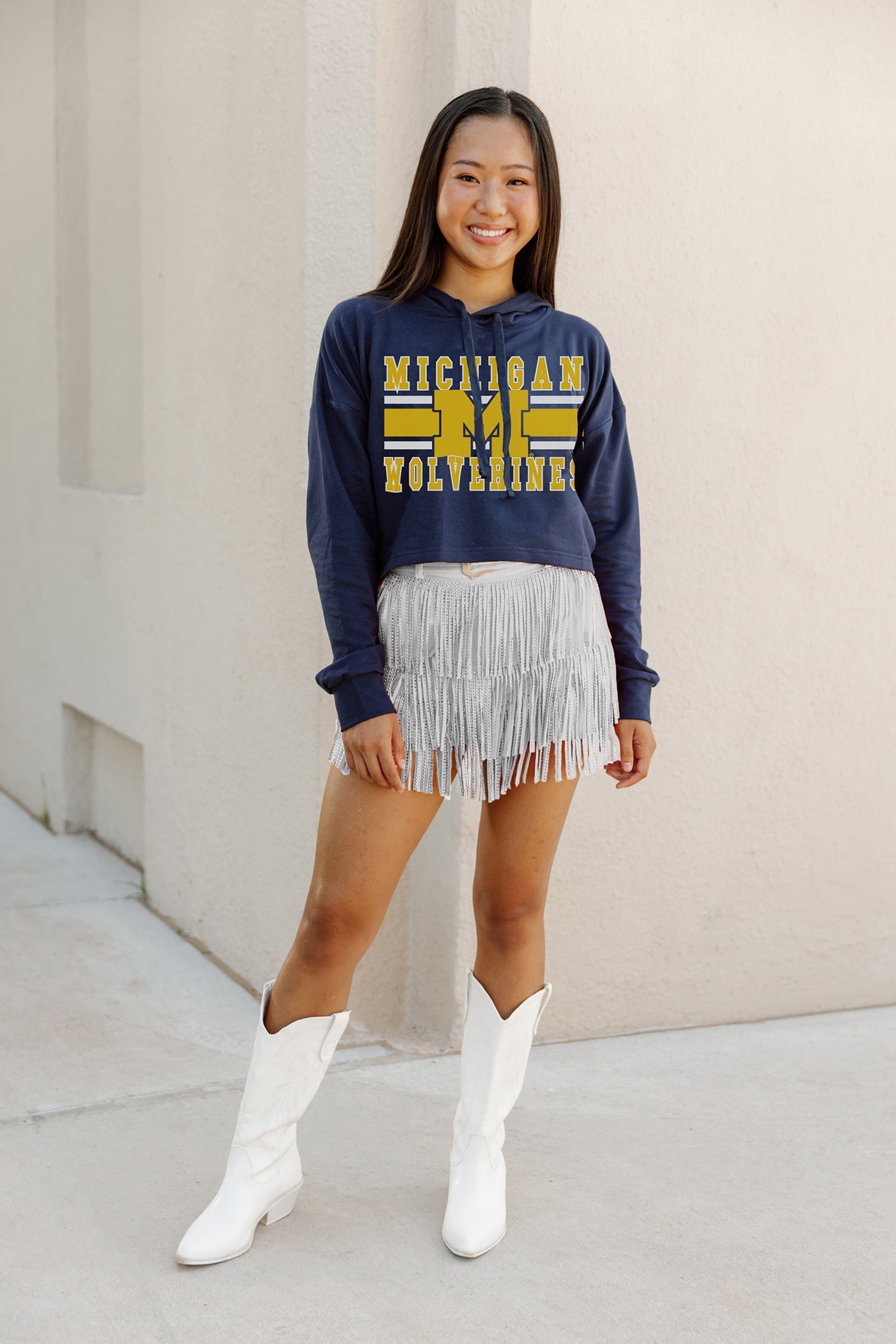 MICHIGAN WOLVERINES WAITING GAME RAW HEM CROPPED FLEECE HOODIE BY MADI PREWETT