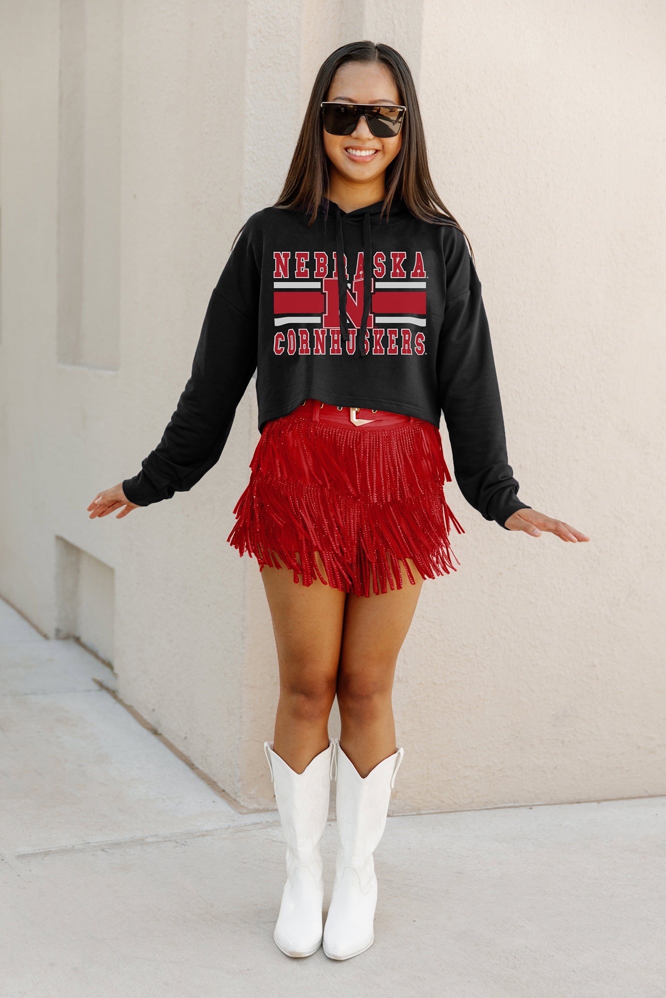 NEBRASKA CORNHUSKERS WAITING GAME RAW HEM CROPPED FLEECE HOODIE BY MADI PREWETT