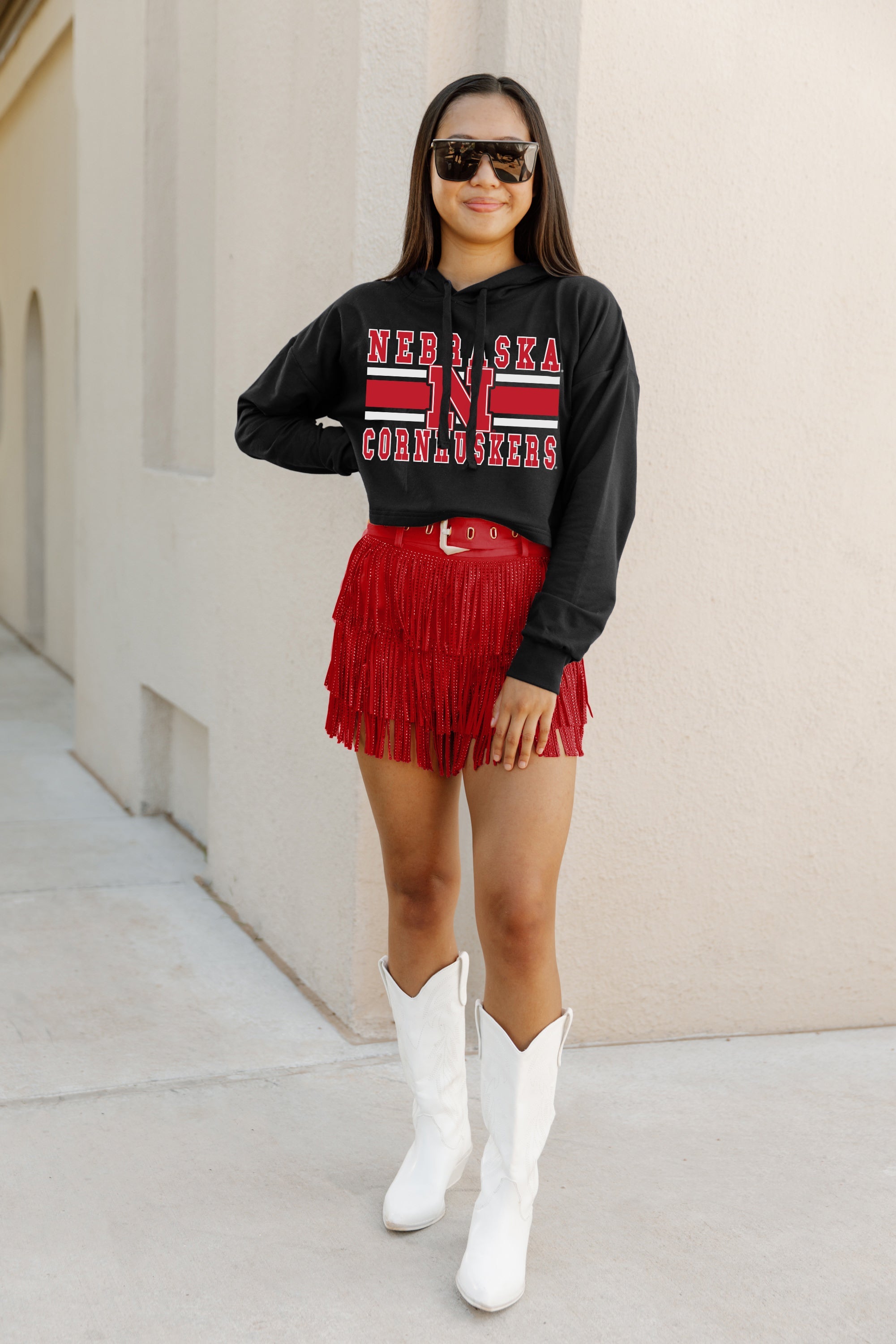 NEBRASKA CORNHUSKERS WAITING GAME RAW HEM CROPPED FLEECE HOODIE BY MADI PREWETT