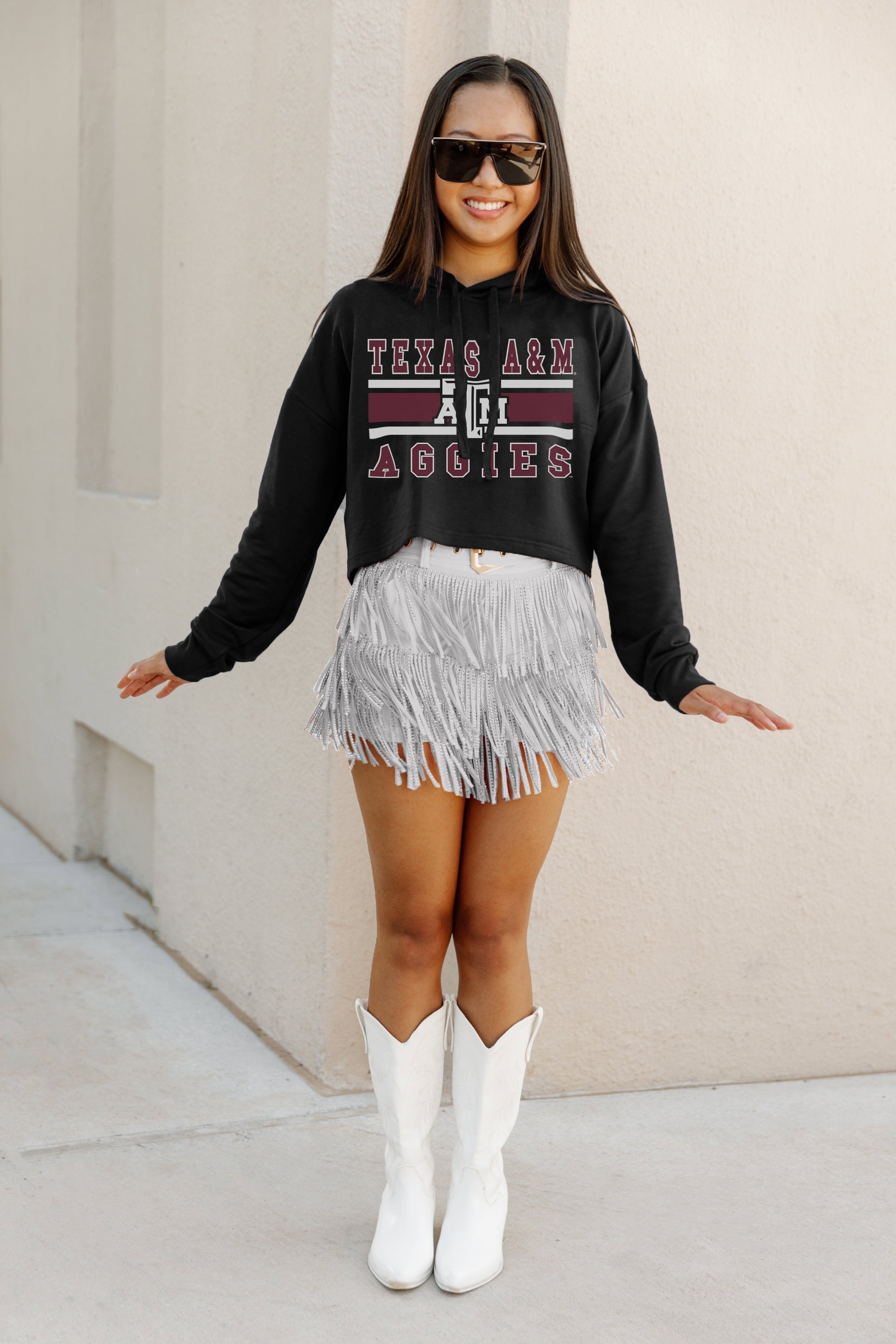 TEXAS A&M AGGIES WAITING GAME RAW HEM CROPPED FLEECE HOODIE BY MADI PREWETT