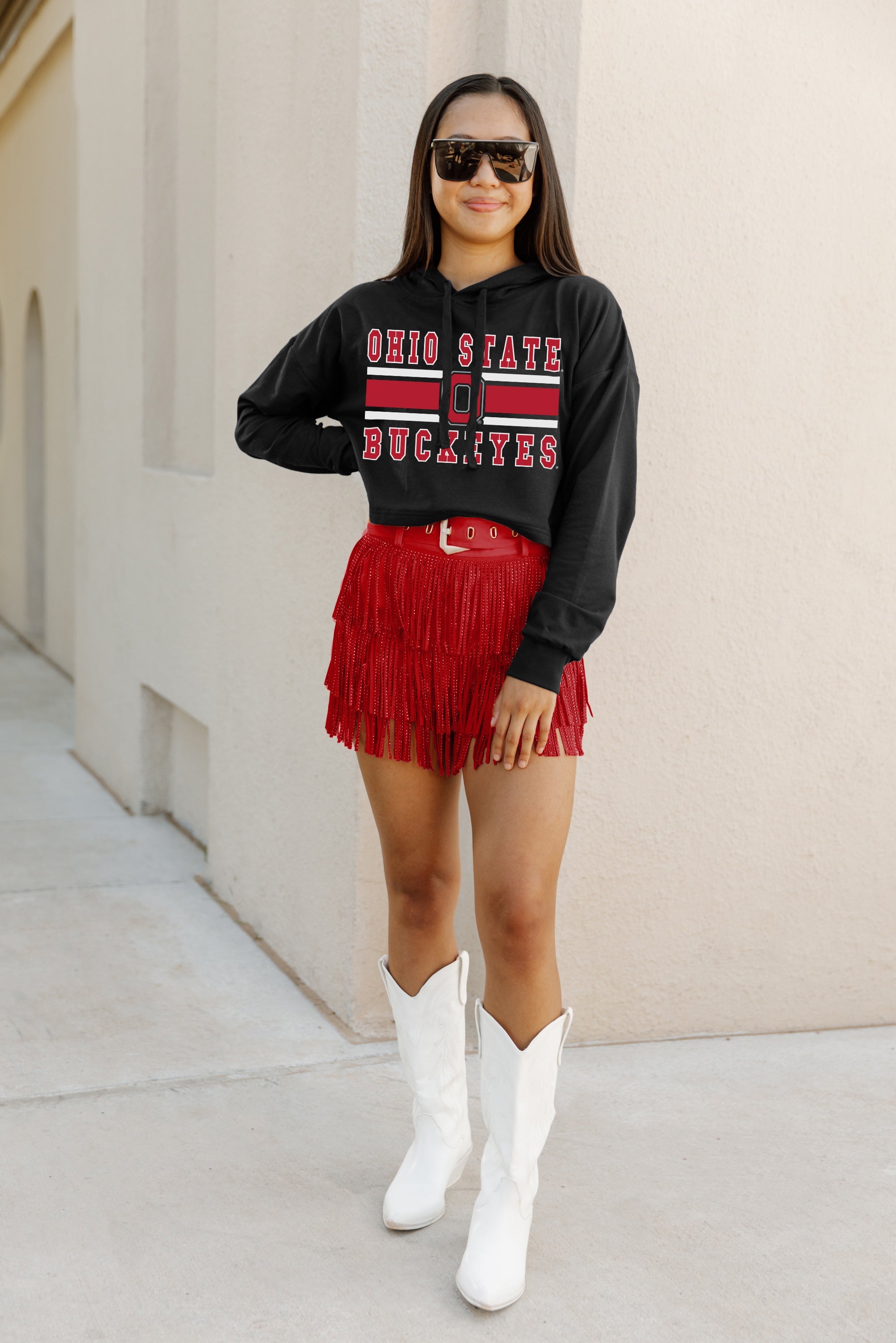 OHIO STATE BUCKEYES WAITING GAME RAW HEM CROPPED FLEECE HOODIE BY MADI PREWETT