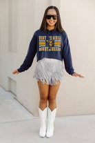 WEST VIRGINIA MOUNTAINEERS WAITING GAME RAW HEM CROPPED FLEECE HOODIE BY MADI PREWETT