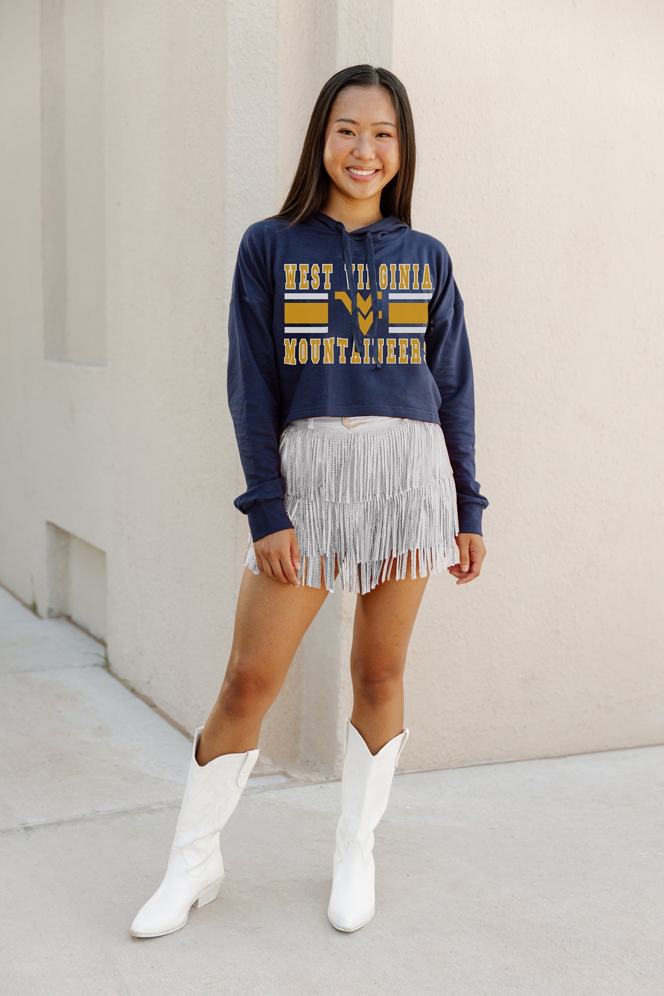 WEST VIRGINIA MOUNTAINEERS WAITING GAME RAW HEM CROPPED FLEECE HOODIE BY MADI PREWETT